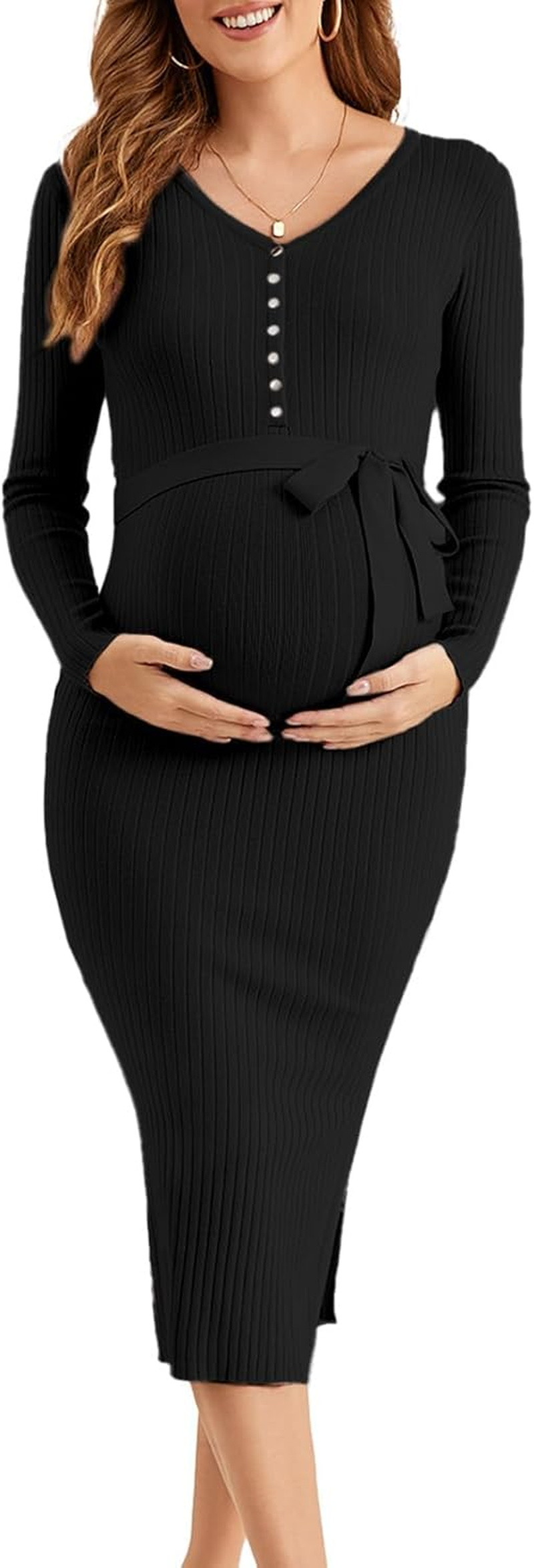 Ecavus Women'S Long Sleeve Maternity Sweater Dress for Baby Shower V Neck Slit Maternity Photoshoot Dress with Belt