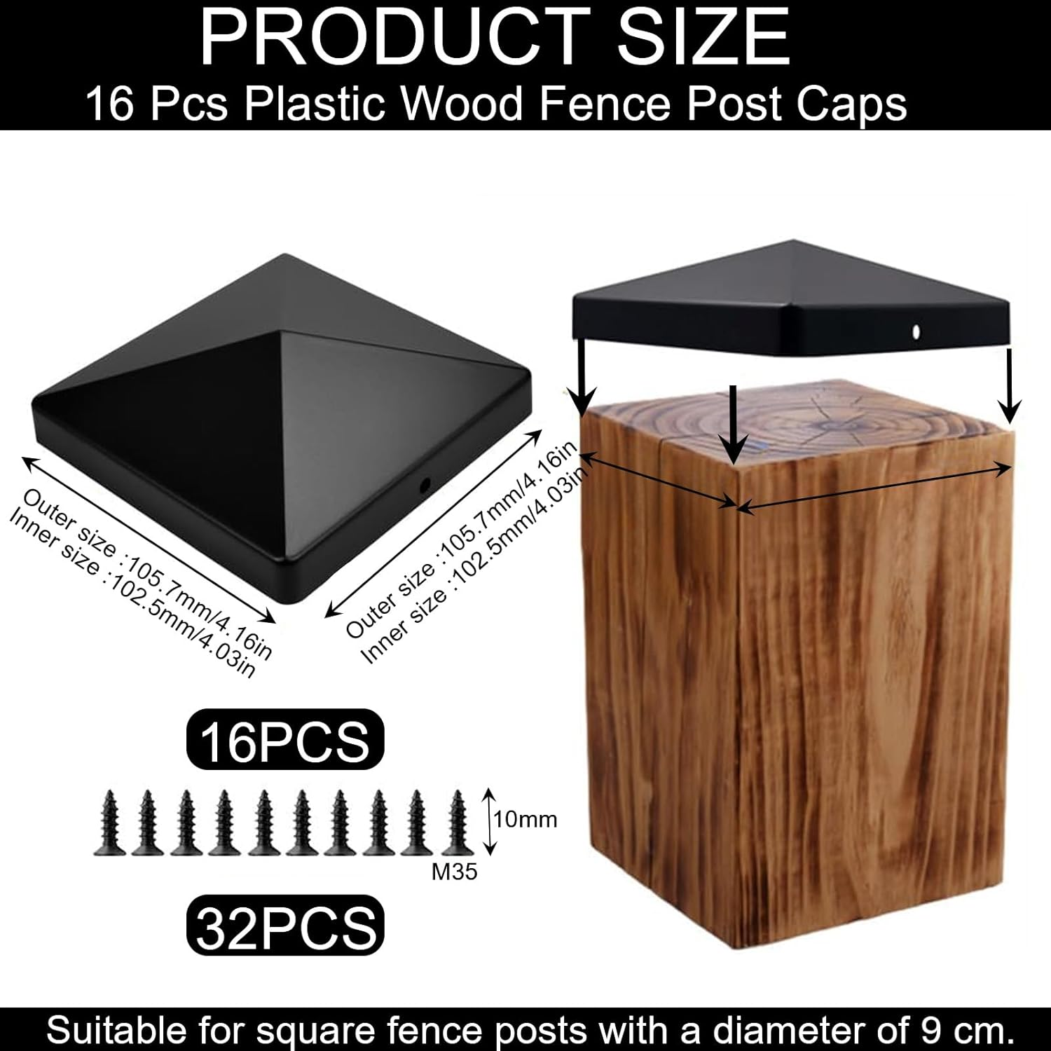 16 Pieces Post Caps 100 X 100 Mm Plastic Fence Caps Caps for Fence Posts Black Fence Caps for Wooden Posts for Fences Posts Railing Steel Tubes image number 5