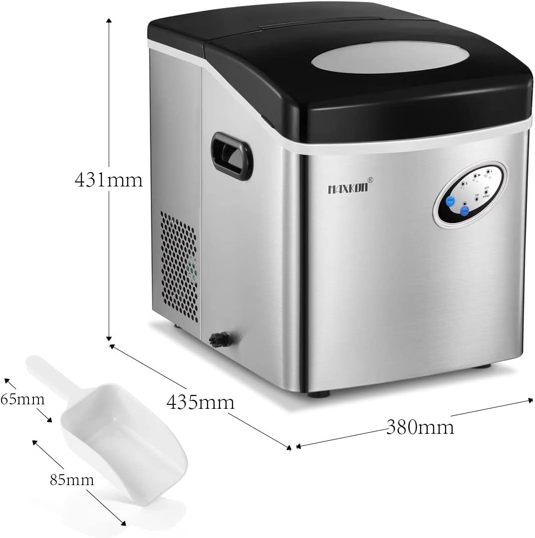 Maxkon Portable Ice Makers Make 27Kg Ice in 24 Hrs,Ice Cube Rready in 7-15 Mins, 4.5L Ice Machine with Ice Scoop, 3 Sizes of Bullet Ice for Home Commercial Benchtop Fast Freezer, 4.5L/27Kg-Silver