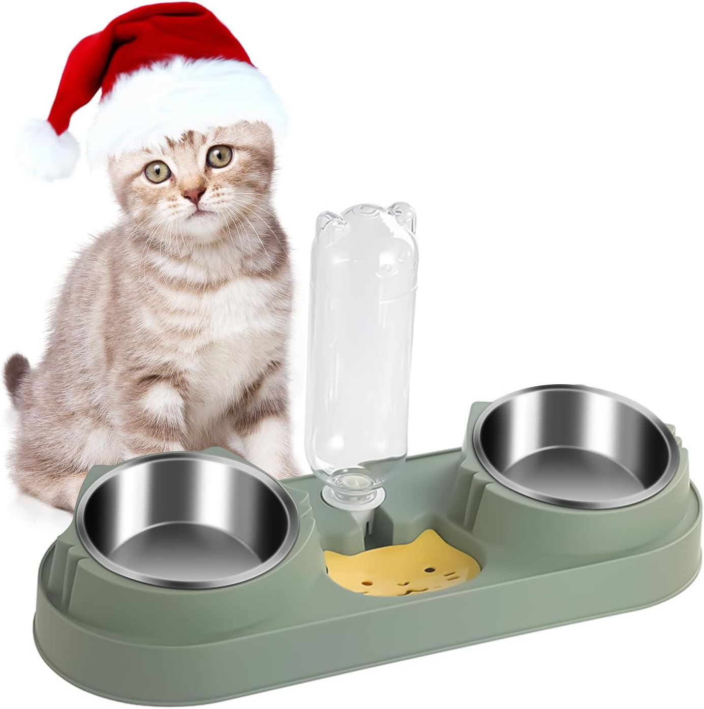 Cat Bowl,Raised Dog Bowls,Water and Food Bowl Set,3 in 1 Pet Feeder and Waterer,15&deg; Tilted anti Vomiting Elevated Cat Dish,Pet Feeding Bowl with Automatic Waterer Bottle for Kitten Puppy Dogs (Green) image number 6