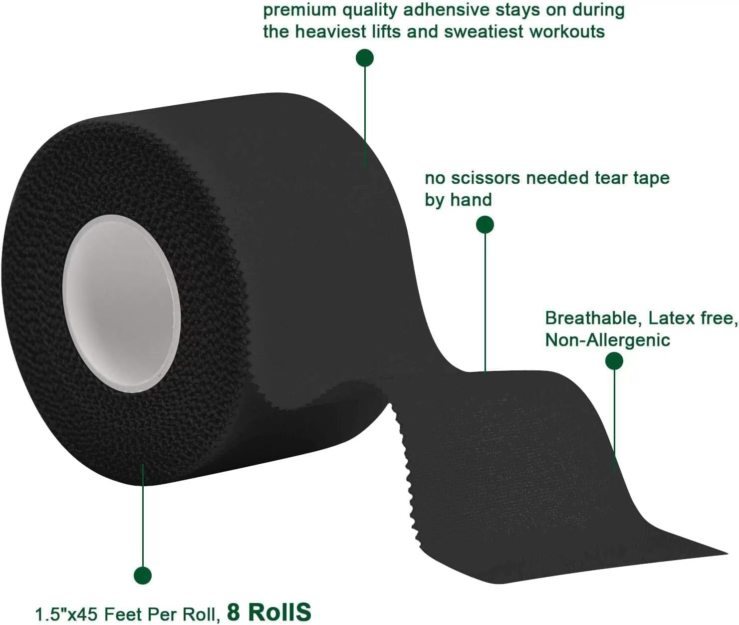 White Athletic Sports Tape Strong Easy Tear NO Sticky Residue BEST TAPE for Athlete & Medical Trainers. PERFECT on Bat, Lacrosse/Hockey Stick, Lifters, Climbers & Boxing 1.5" X 32.8 Feet, 8 Packs (Black) image number 4