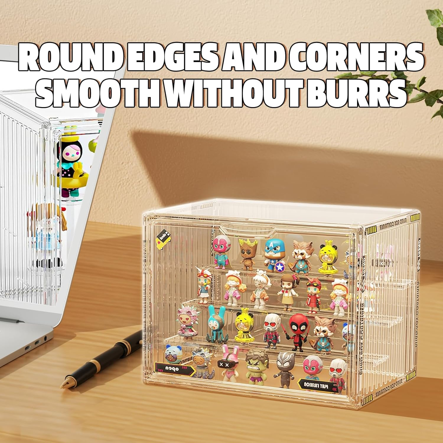 Powerful Acrylic Display Case for Collectibles 4 Layer Stackable& Clear Container Box for Pop Figures Mini Toys Car Model Wallet Book Organization(With Cute Stickers) image number 1