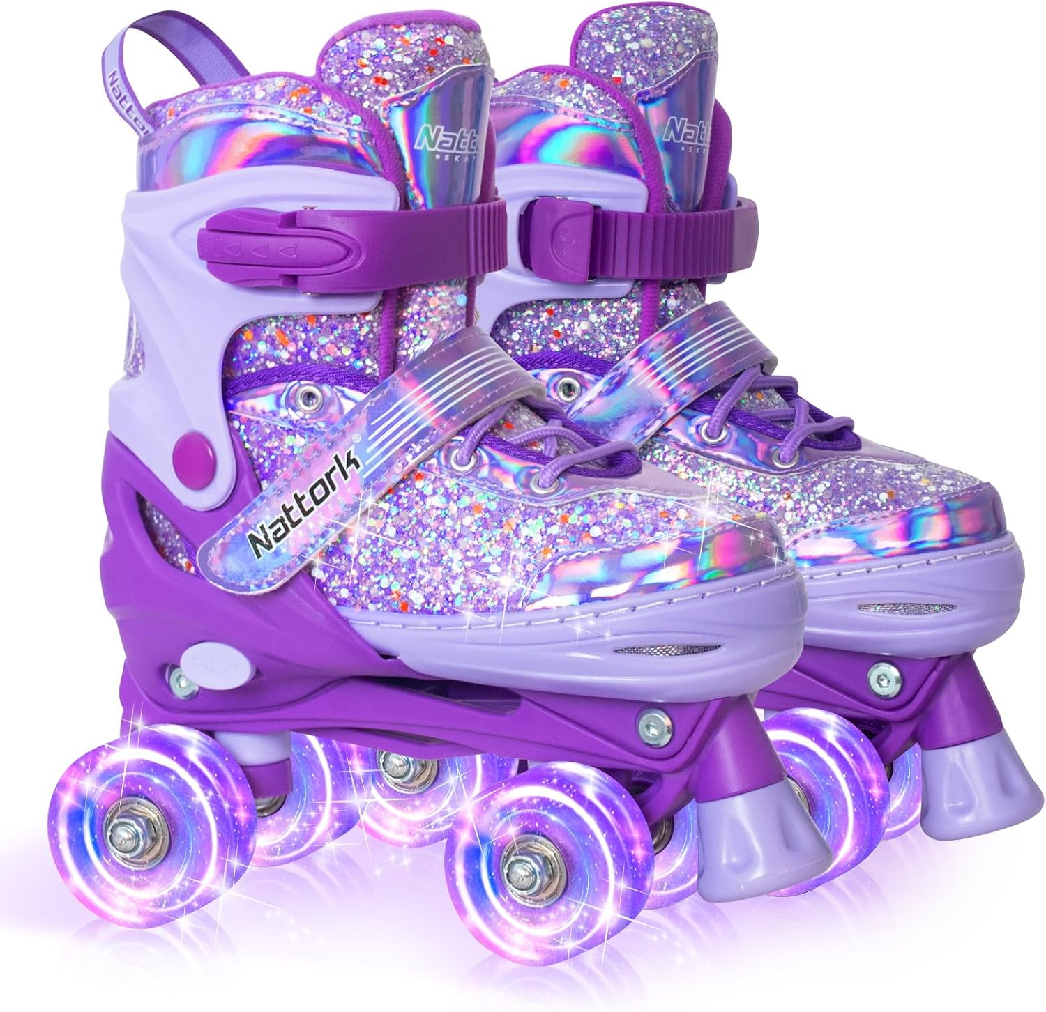 Nattork Kids Roller Skates for Girls Kids, 4 Sizes Adjustable Girls Roller Skates for Ages 3-12 with Light up Wheels & Safety Protection - Cool Indoor Outdoor Sports