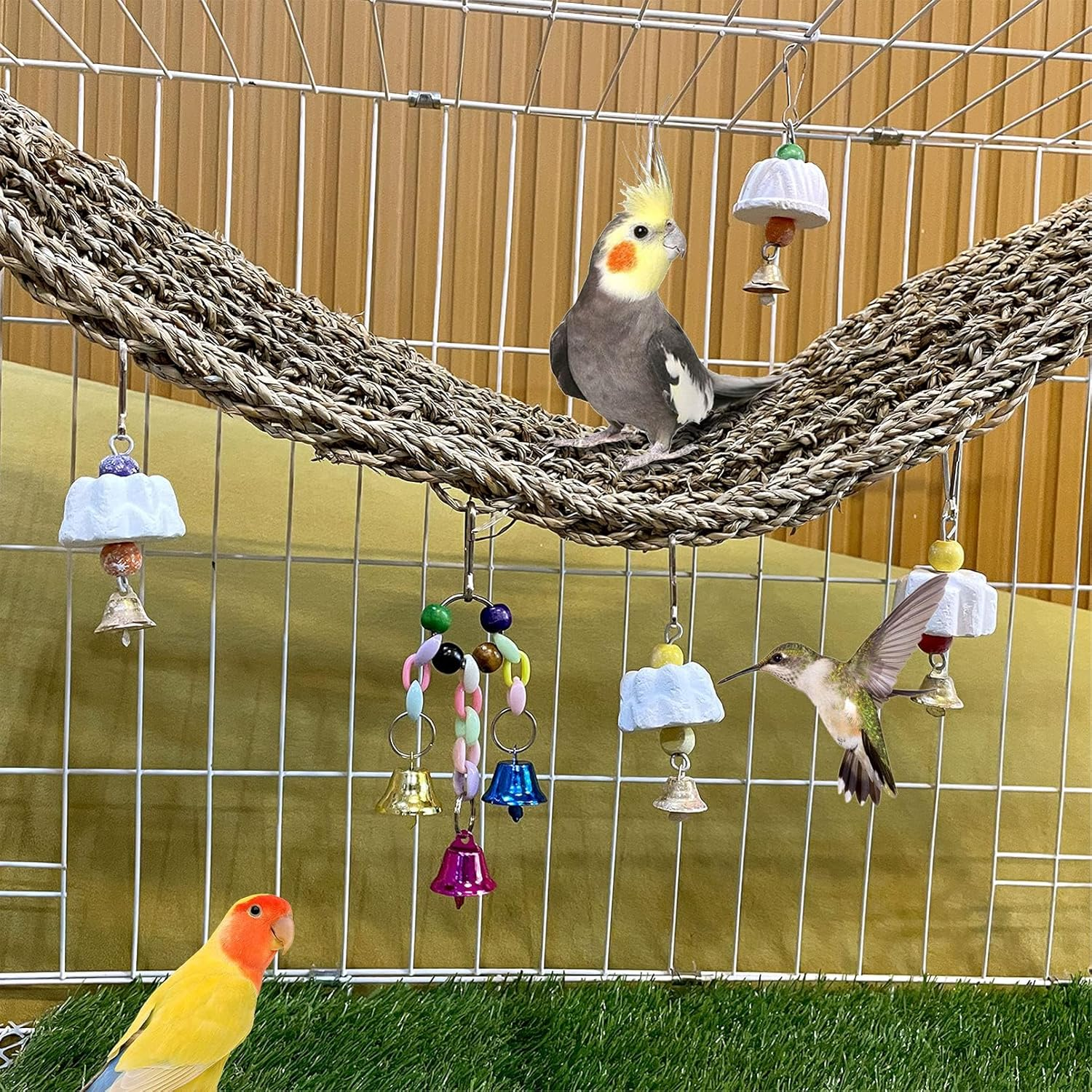 Bird Seagrass Mat,Natural Grass Woven Net Hammock Parakeet Chew Toys Trimming Cage Accessories Climbing Rope Ladder with Hooks Lovebird Cockatiel Conure Budgie,Size 28.3" X 6.7"