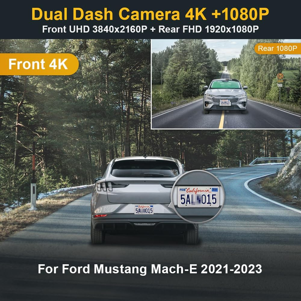 Fitcamx 2160P Front and Rear 1080P Dash Cam Suitable for Ford Mustang Mach-E GT Select Premium 2021-2025 (Right Hand Drive Car), OEM Look, Dual HD Video Wifi, G-Sensor, Loop Recording, 128GB Card