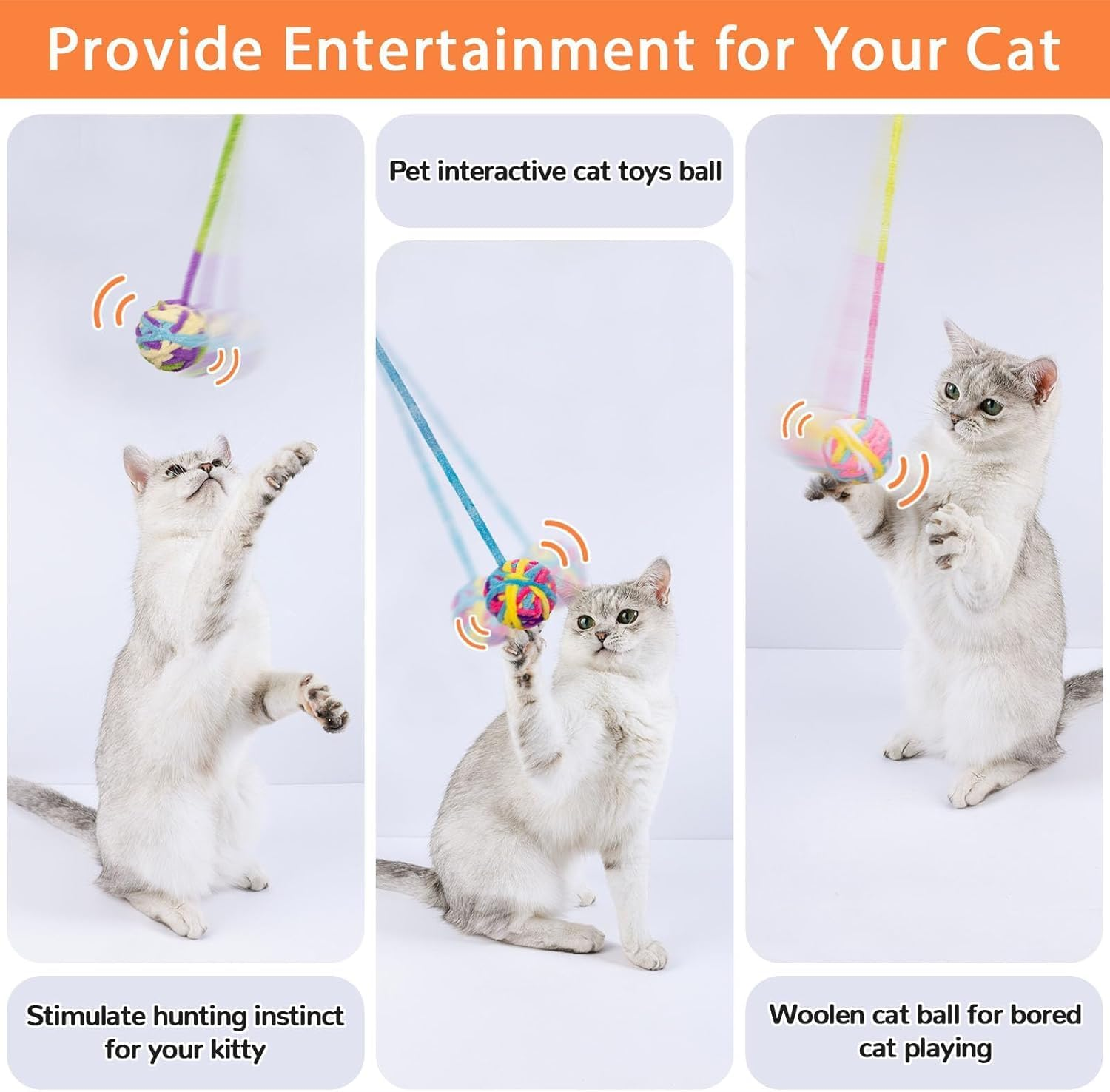 Cat Toys Ball 6 Pcs,Yarn Cat Balls with Bells Inside,Interactive Kitten Toys for Indoor Kitten Chew,Kitty Toys Fuzzy Ball with String Color Random image number 5