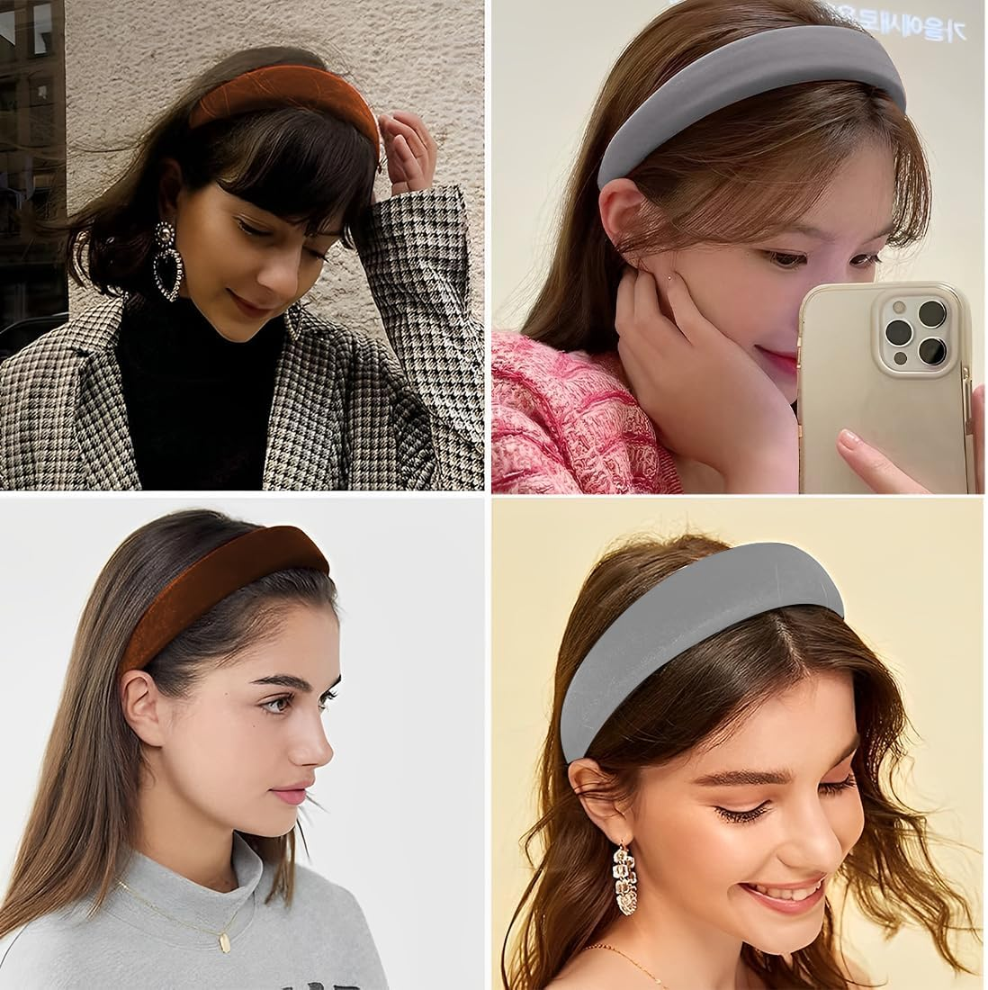 Pack of 2 Velvet Headbands, Women'S Solid, Simple Headband for Girls, Fashion Hair Accessories for Women Girls, Padded Headband Made of Velvet Fabric, Retro Style Hair Band (Grey/Orange Brown) image number 2