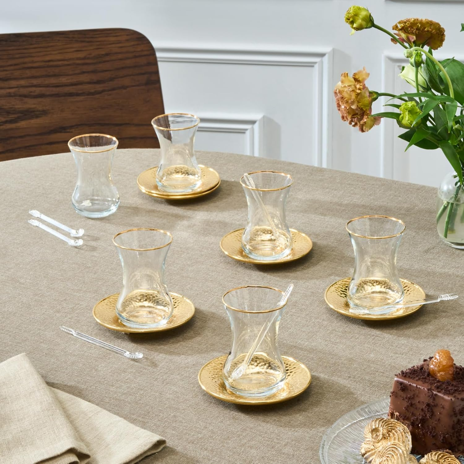 KARACA Ada Turkish Tea Cups Set of 18 Turkish Tea Glasses Cups and Saucers for 6 People, Includes Saucers and Teaspoons, 130 Ml, Gold image number 3