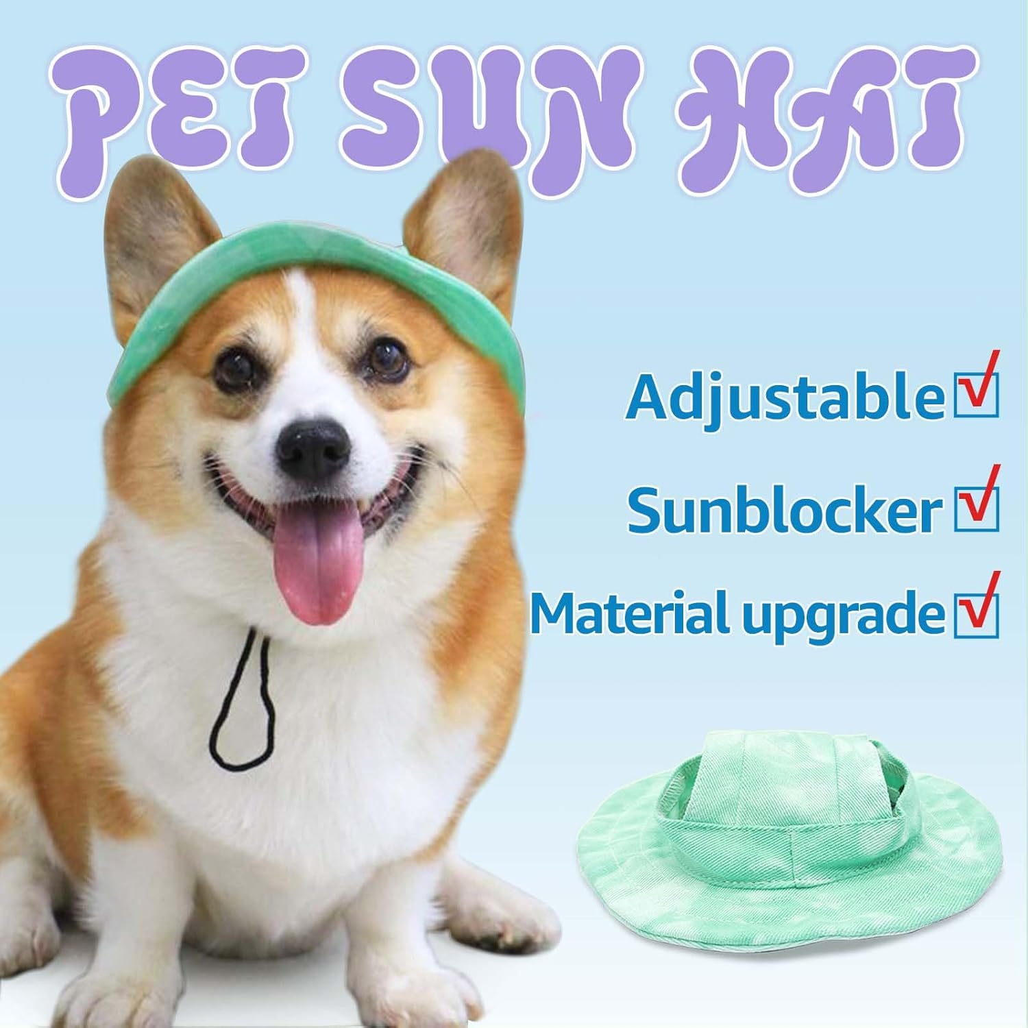 Pet Hat with Ear Holes Sunscreen Cat/Dog Hats Adjustable String Pet Hats Sun Hat Bucket Hat Outdoor Sun Protection Pet Caps for Small Medium Cats Dogs (Light Green, Medium) image number 3