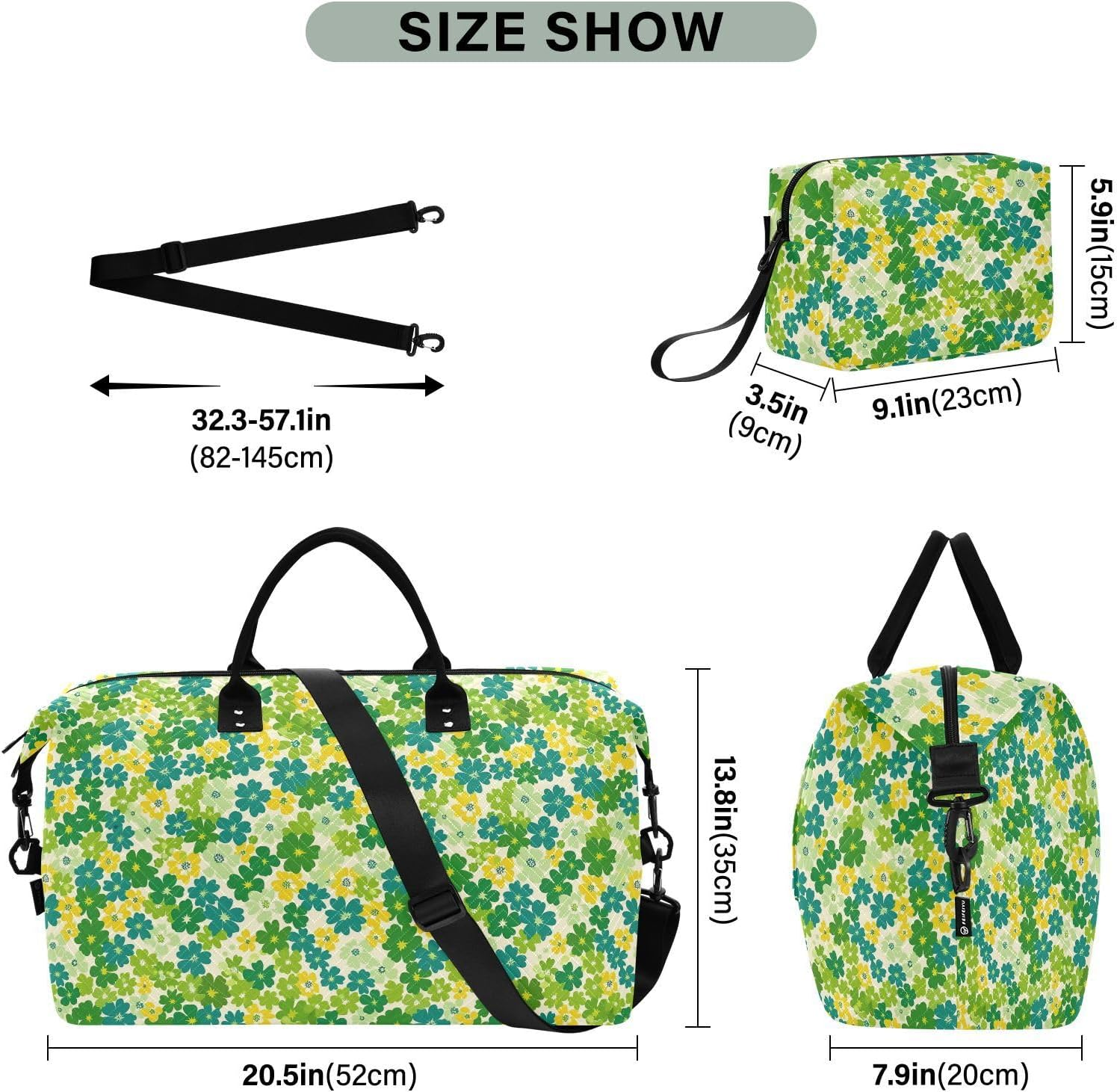 Oversized Travel Duffel Bag Travel Weekender Gear Bag Sports Duffel Bags with Adjustable Strap for Sports Multifunctional, Small Flowers Green Yellow image number 3