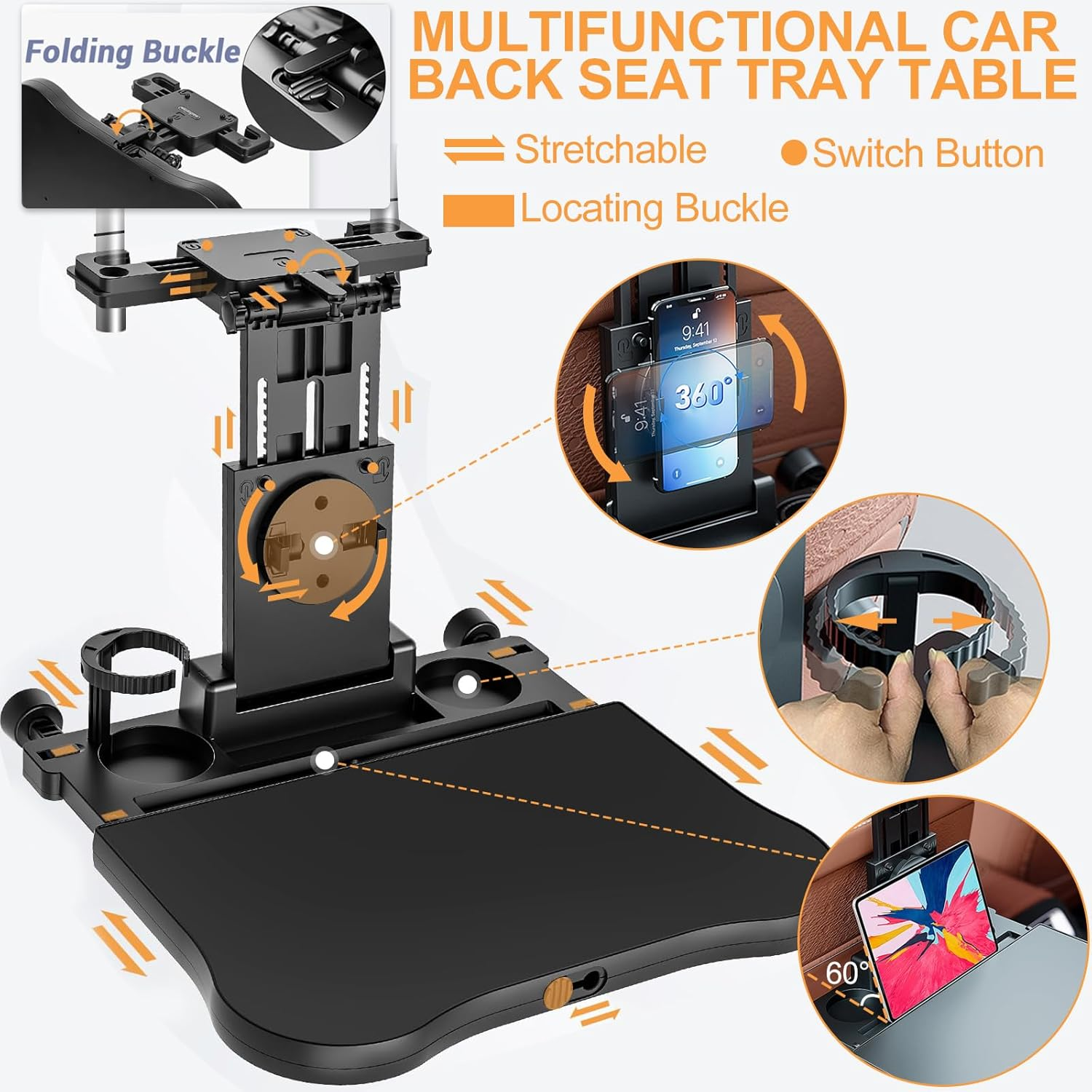 Car Seat Back Organisers Tray Holder - Foldable Car Headrest Table for Kids Passenger Backseat Travel Trays Dinning Working Laptop Desk with Phone & Cup Holder, Car Back Seat Tray for Father Mom Gifts image number 1