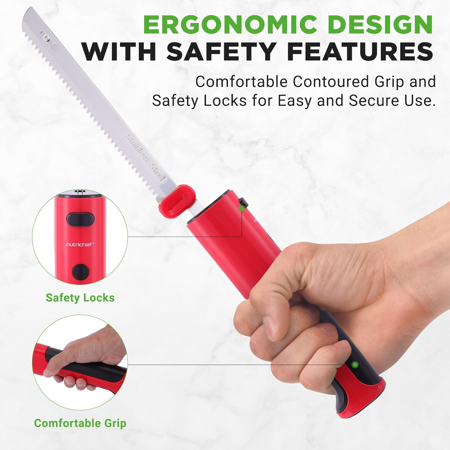 Nutrichef Cordless Electric Knife | Easy to Use Constant ON/OFF Safety Function | Lightweight Kitchen Knife | Carve Turkey, Meats, Poultry, Bread & Cheese | 11.42&rsquo;&rsquo; Stainless Steel Blades | Red image number 1