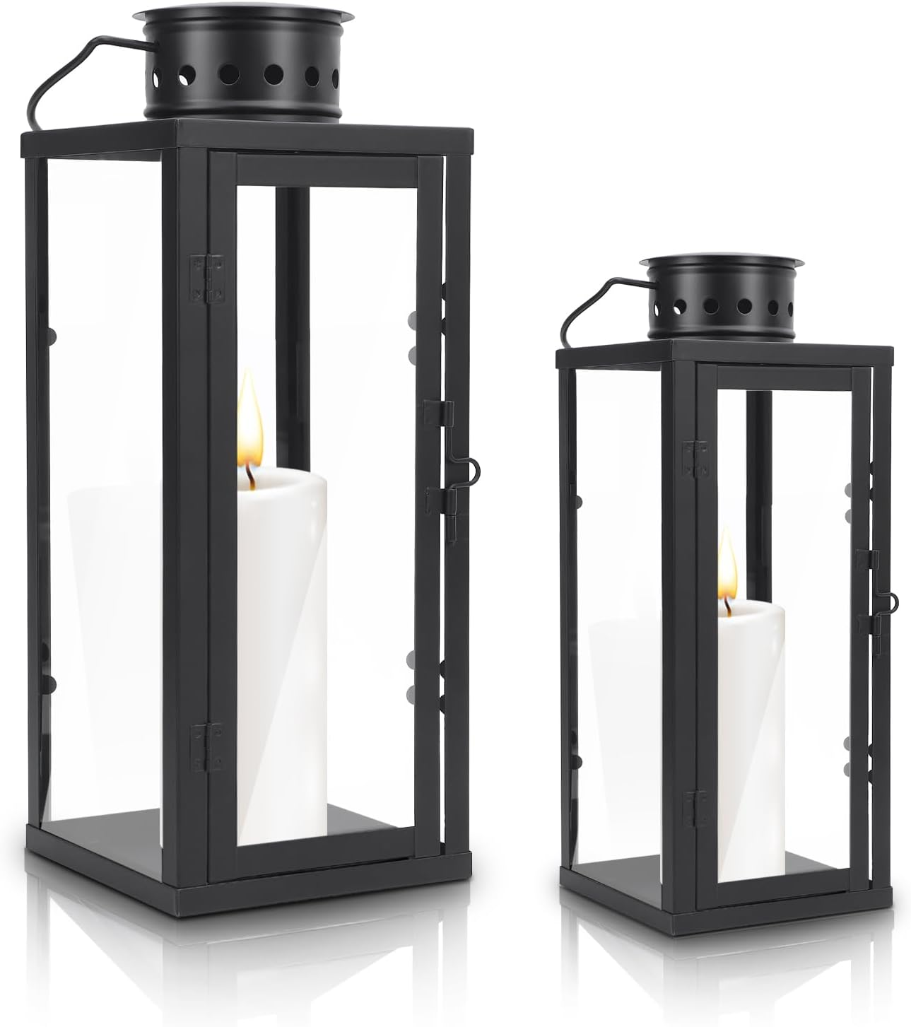 Black Metal Lantern Decorative Set, Modern Farmhouse Lantern Decor with Hurricane Glass, Set of 2 13.8" & 9.5" Vintage Hanging Tower Lantern Metal Candle Holder (13.5 * 13.5 * 35CM+10 * 10 * 24CM) image number 2