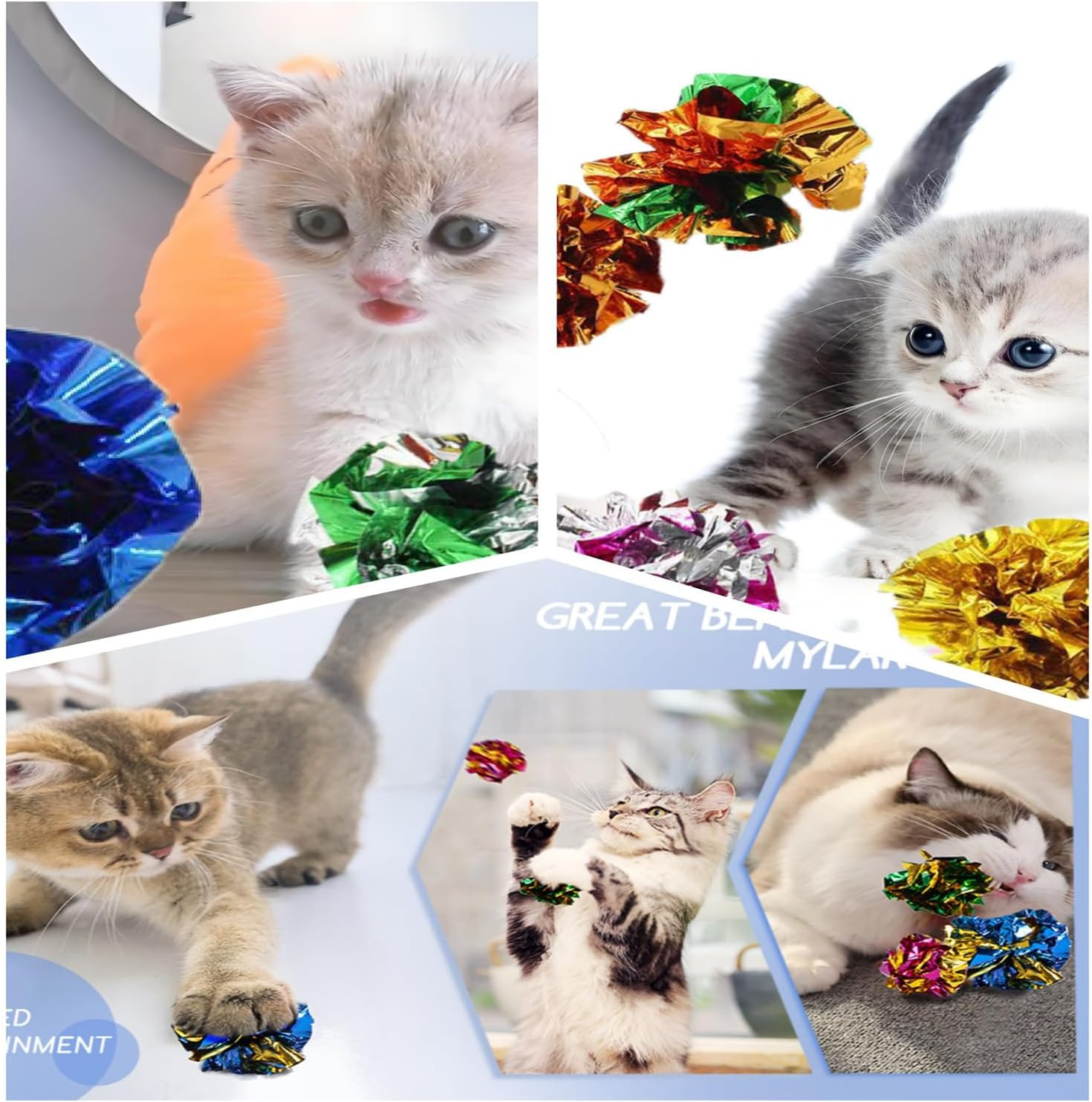 20Pcs 2.4" Crinkle Balls Cat Toys Funny Lightweight Shiny Crinkle Paper Ball Bright Color Paper Ball Kitten Toys Indoor Interactive Toy Ball with Crinkly Sound for Kittens and Adult Cats image number 1