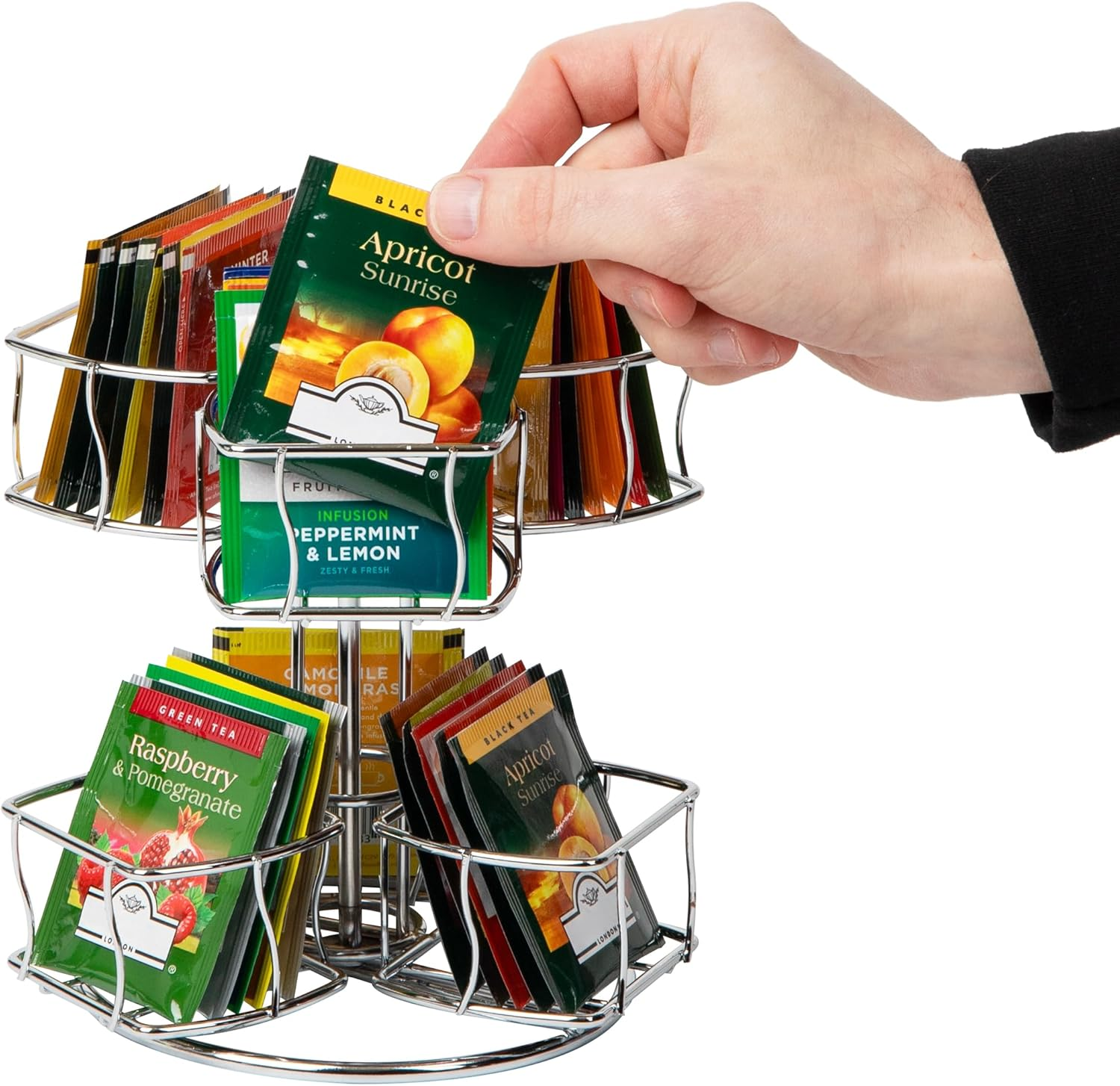 Mind Reader Alloy Collection, 2-Tier Tea Bag Carousel, 60 Bag Capacity, Rotating, Metal, 7" L X 7" W X 8.25" H, Silver image number 4