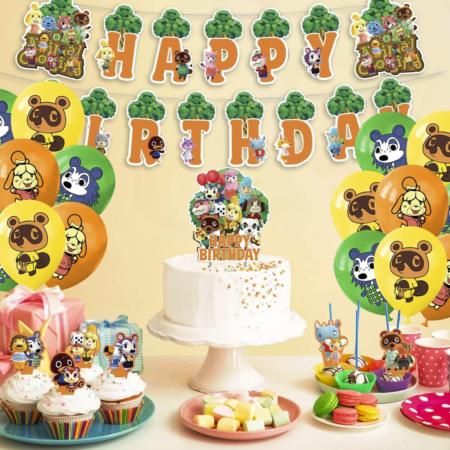 Animal Crossing Birthday Decoration, 32 Pieces, Animal New Horizons Birthday Balloons, Animal New Horizons Theme Birthday Banner, Animal Crossing Cake Topper, for Children'S Birthday Decoration image number 2