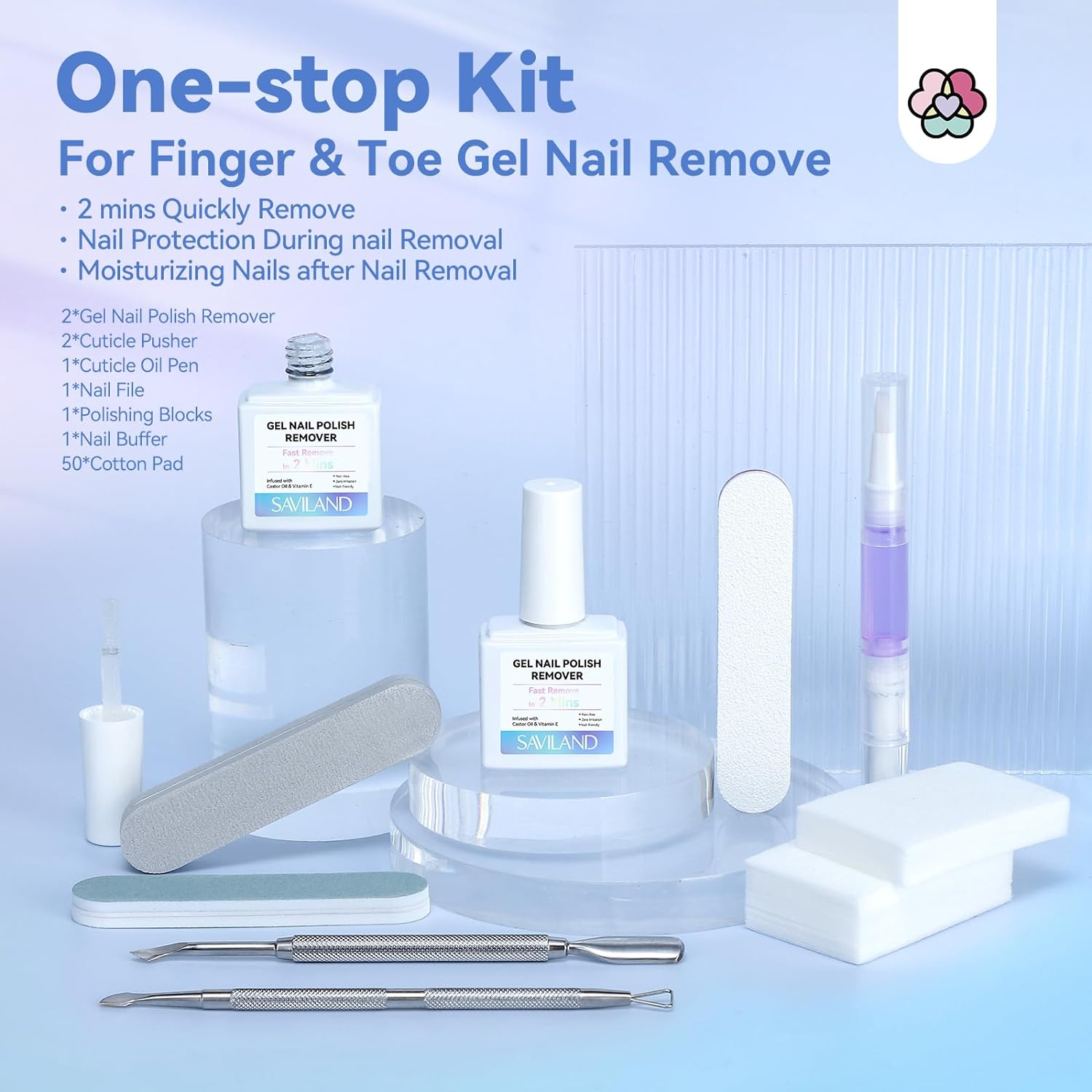 Saviland 2 Minutes Quick & Easy Gel Nail Polish Remover Kit: 2PCS Soak-Off Gel Polish Remover Rich in Castor Oil & Vitamin E, with Cuticle Oil Pen Nails Tools for Nail Tips, Acrylic Dip Powder Removal image number 3