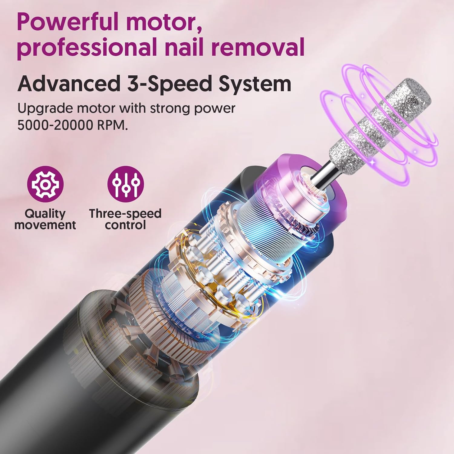 HALMAI Electric Nail Drill Machine, Cordless Portable Nail File Kit for Acrylic,Gel Nails, Rechargeable Professional Acrylic Manicure Pedicure Machine for Home with Max 20000 RPM (Basic-Dark Grey) image number 5