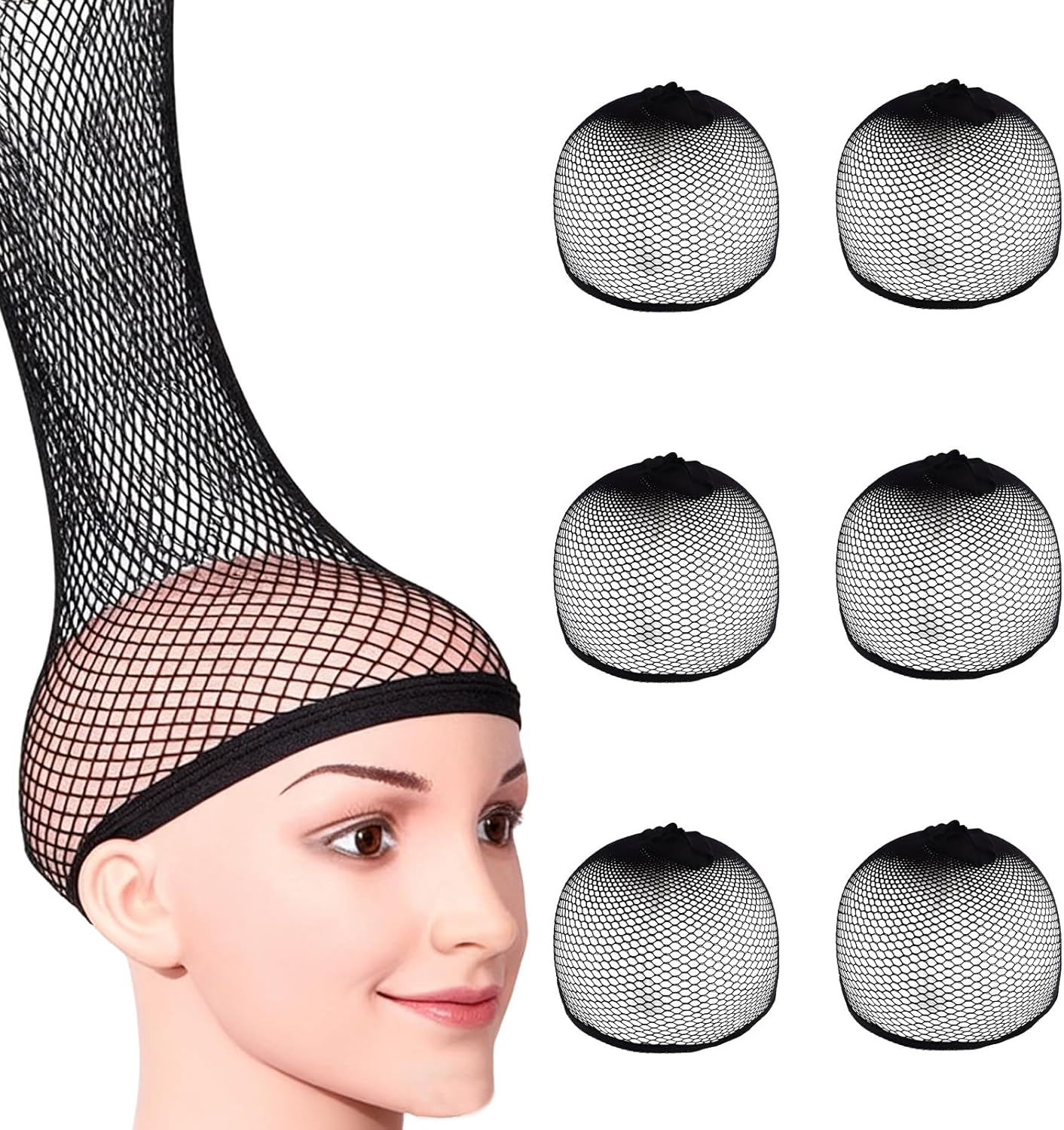 6 Pcs Fishnet Wig Cap,Elastic Mesh Net Wig Caps,Stocking Wig Caps Stretchy Nylon Wig Cap for Long Thick Hair (Black) image number 3