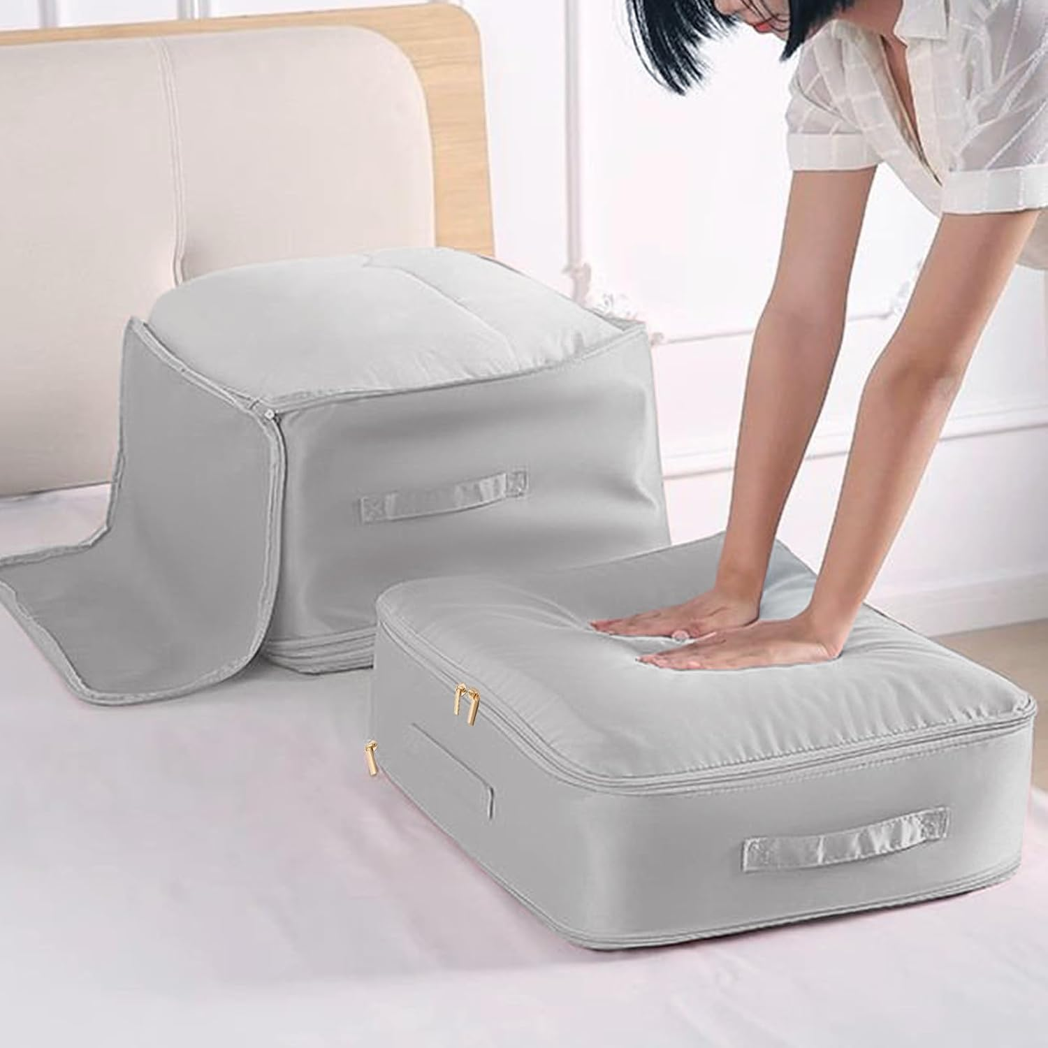 Eukyplace Clothes Storage of Ultra Space Saving Self, 2025 New Compression Packing Cubes, High-Grade Satin Clothes Storage for Bedding Quilts, Blankets, Duvets, Clothes, and Puffer Jackets (Grey) - Gray image number 2