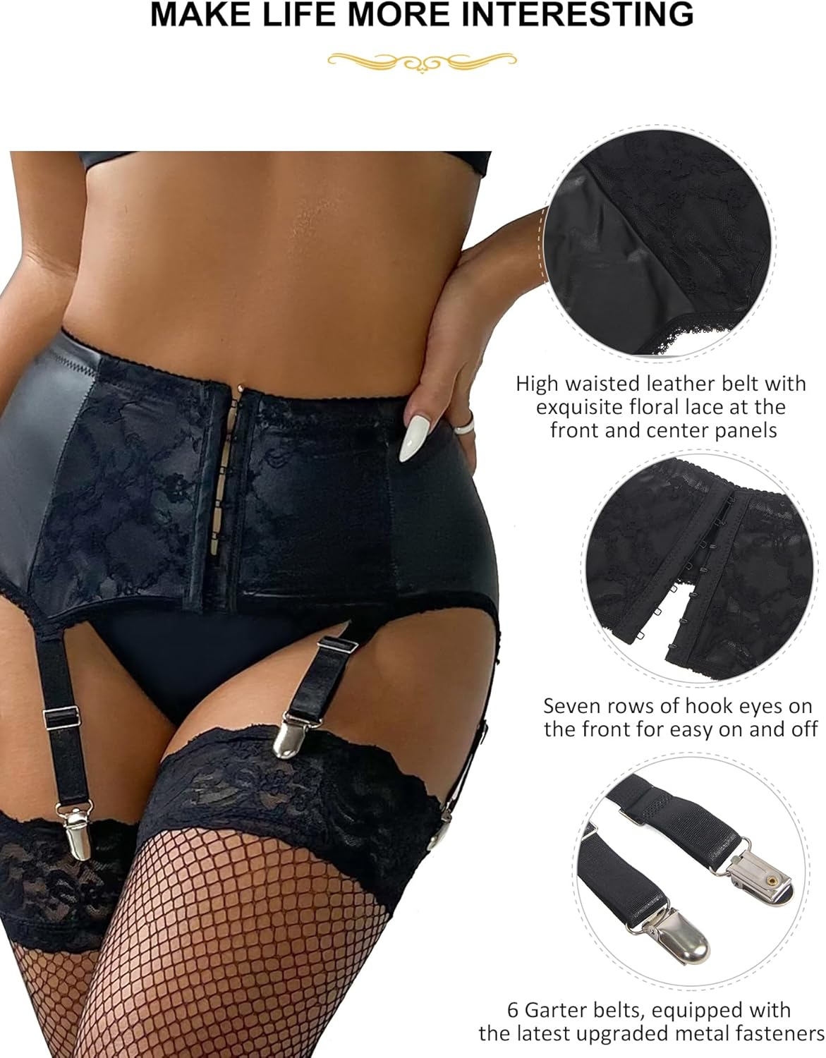 Ohmydear plus Size Vintage Lace Garter Belt with 6 Straps Metal Clip for Thigh High Stockings (Garter Belt Sold Only) image number 6