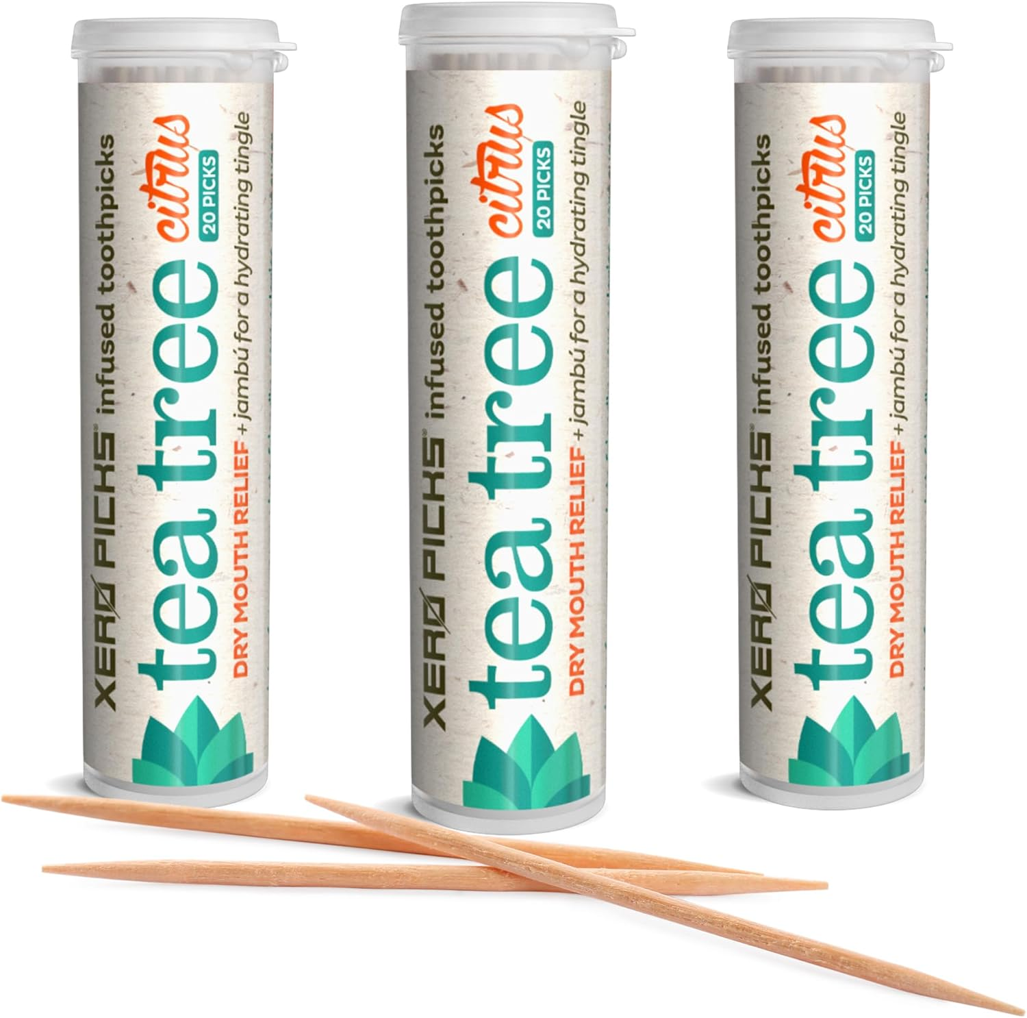Xero Picks Tea Tree - Infused Flavored Toothpicks for Long Lasting Fresh Breath & Dry Mouth Prevention - 60 Picks - 3 Pack - Citrus
