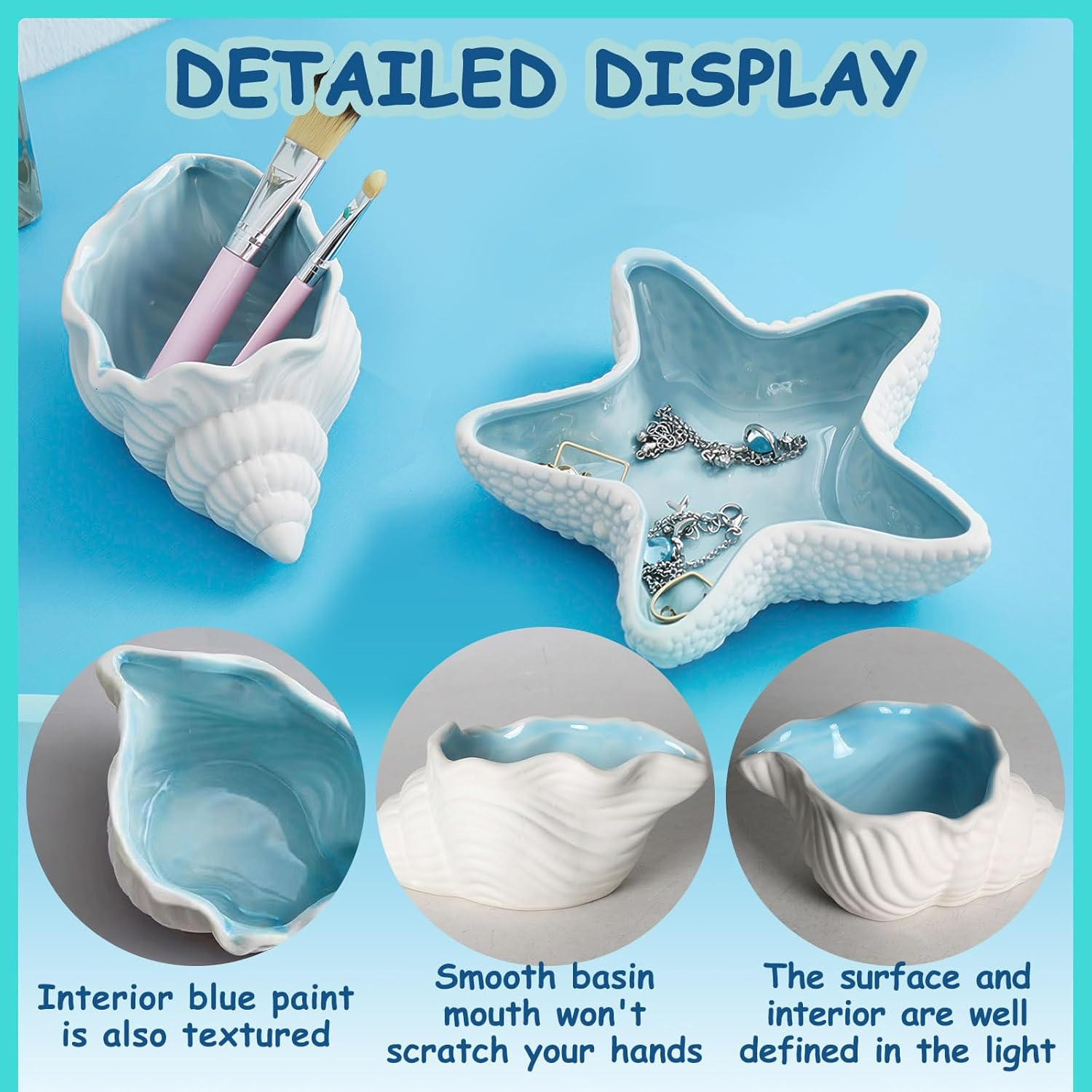 Yitexin Conch Shape Ceramic Jewelry Dish, Blue Sea Shell Trinket Tray, Ocean-Themed Decorative Ring Holder Dish, Women Jewelry Plate Tray for Earrings Necklaces Bracelet (Conch) image number 4