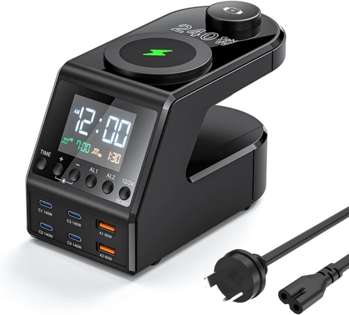 FOSION Multi USB C Charger Station 240W,10 In1 Gan Fast Charger with Digital Clock, 140W/100W/65W PD 3.1 QC 3.0 Fast Charging and 15W Wireless Charging for Macbook，Tablet, Iphone 15,Galaxy S24,Iwatch image number 6