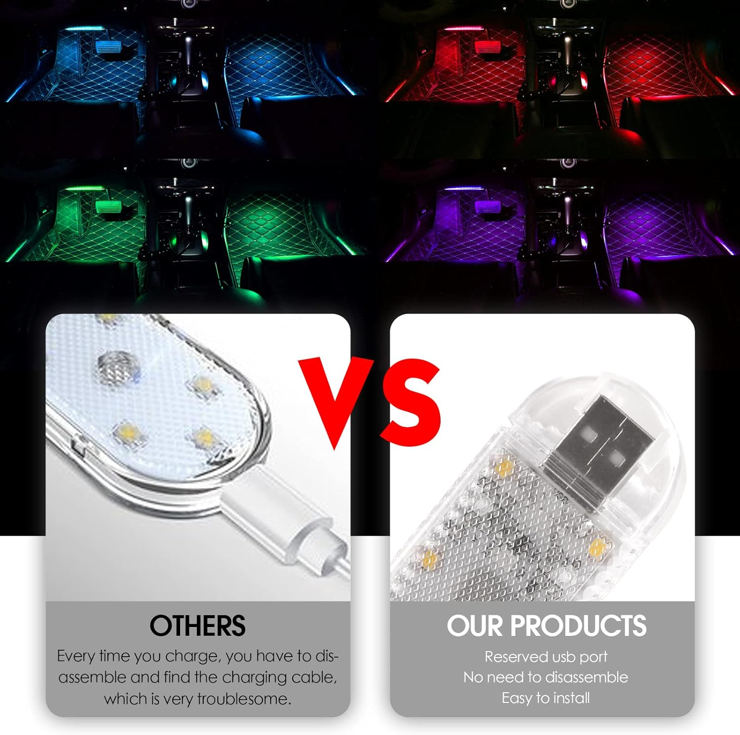 Kaidengzhe Car LED Lights Interior Wireless, RGB 7 Colors Magnetic Neon Touch Light, USB Rechargeable Interior Accent Ambient Lighting, Adjustable & Portable Night Lights for Car Trunk Room, 4 PCS image number 6