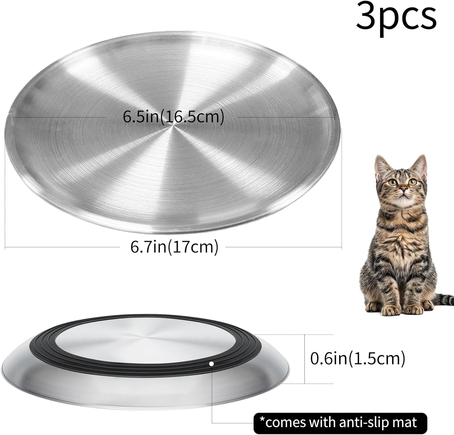 AMSGANK Pack of 3 Cat Feeding Bowls, Cat Bowls against Whisker Fatigue with Non-Slip Silicone Base, Stainless Steel Cat Plate for Cats, Kittens, Small Dogs, 17 Cm Cat Bowl, Flat image number 1