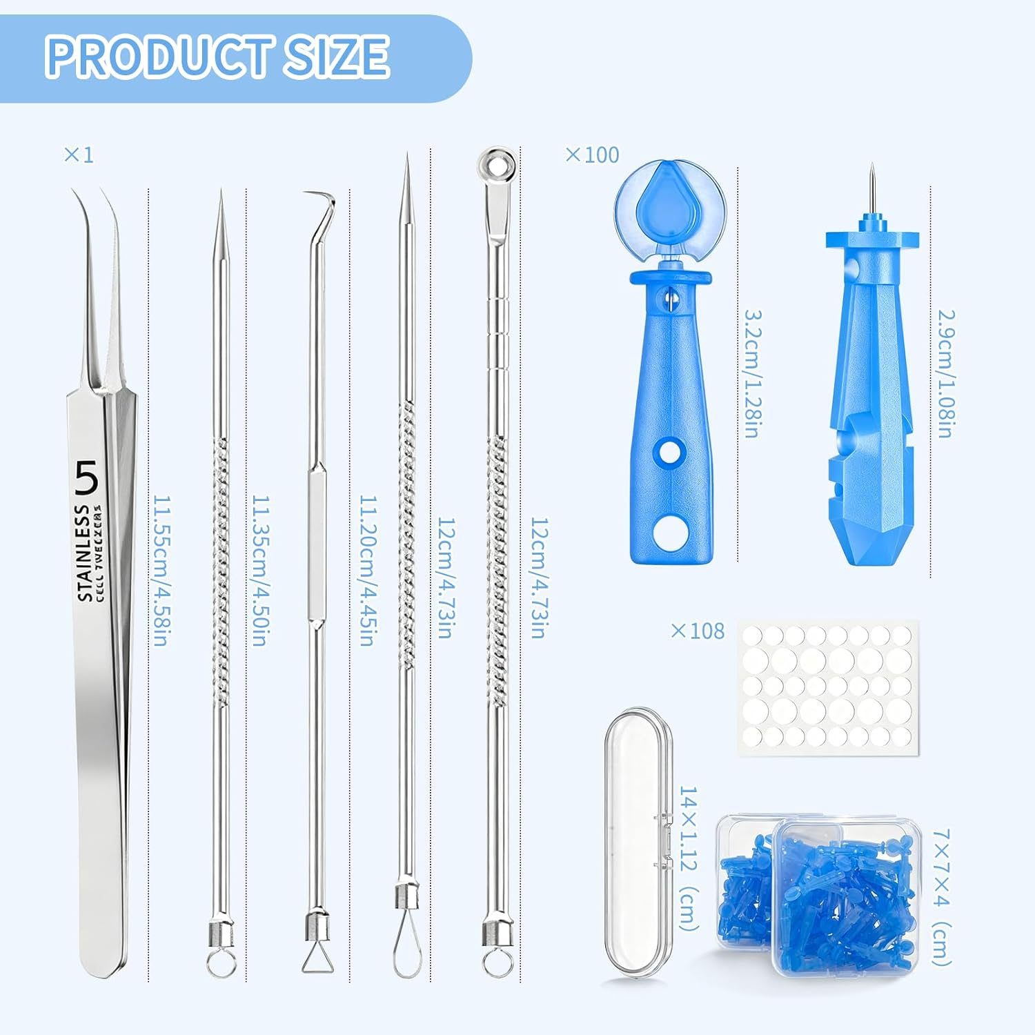 213-Piece Skincare Set: 100 Disposable Needles + 108 Acne Stickers + 5-In-1 Tool for Universal Skincare Tools, Compatible with Blackhead Remover and Skin Tag Remover Needs image number 5