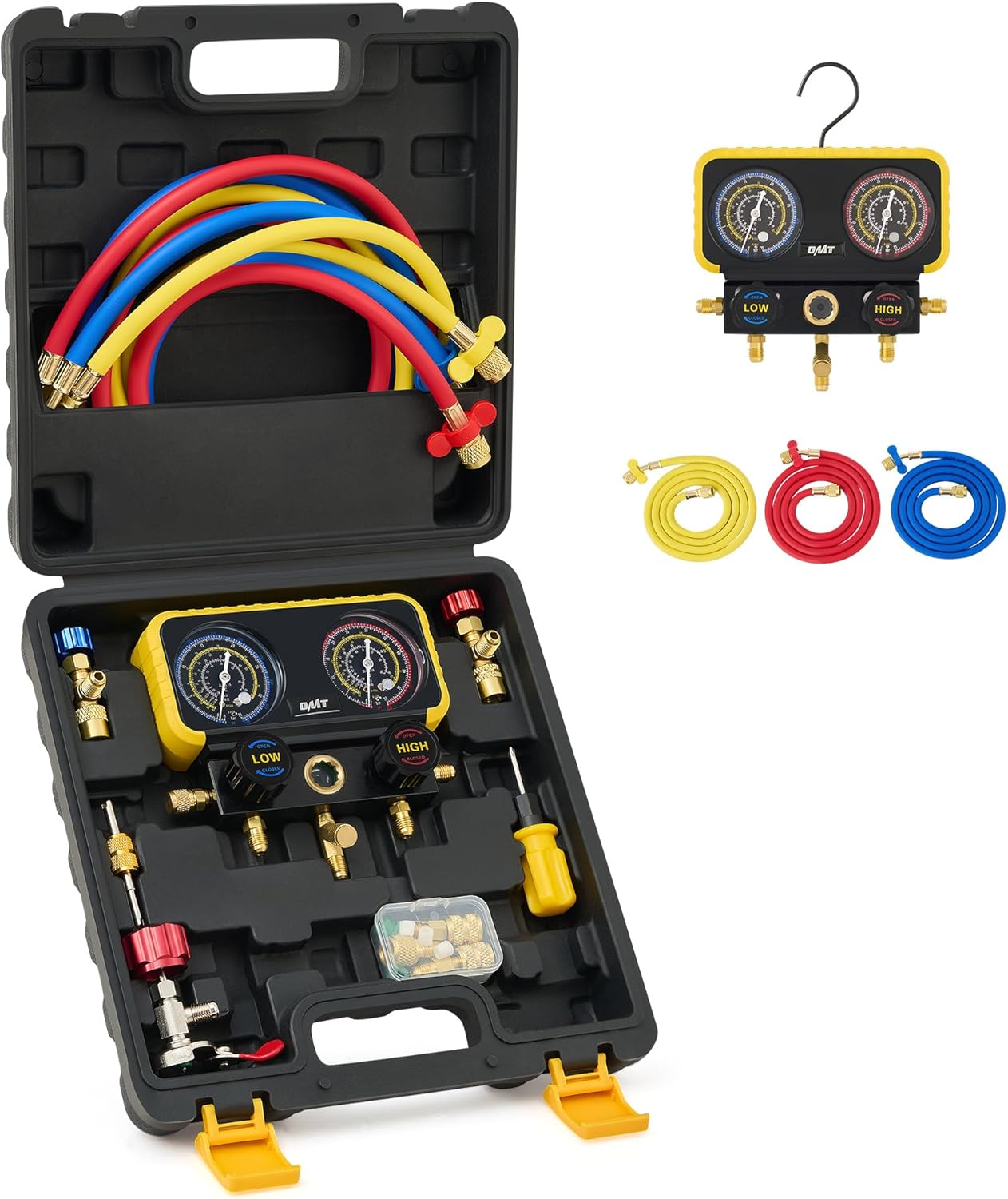 R410A Manifold Gauge Set with 3 Hoses, Safety Valves, Adapters, Universal Can Tap - AC Recharge Kit