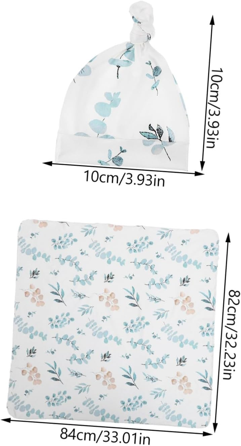 Newborn Swaddle Set for Baby Girl Headband and Eucalyptus Leaf Print, Infant Receiving Blanket, Soft Wrap Swaddle, Hat and Wooden Birth Announcement Sign, 4Pcs Set image number 2