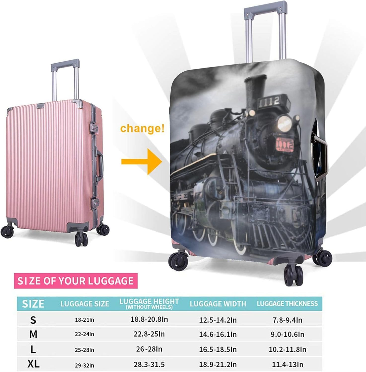 Obabo White Purple Butterflies Travel Luggage Cover,Washable Suitcase Cover Protector Anti-Scratch Suitcase Cover Fits 18-32 In, Steam Train Clouds, M image number 2