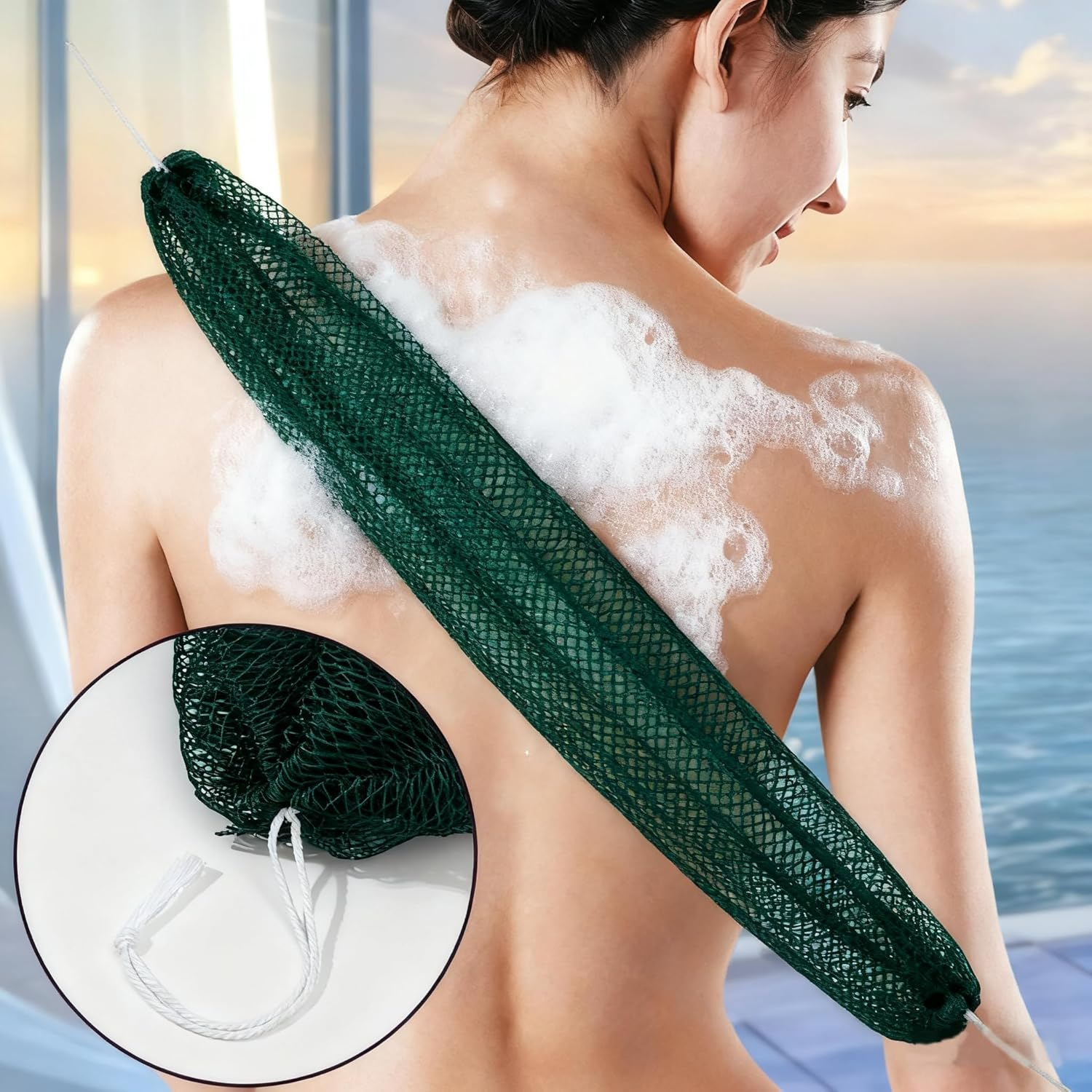 African Bath Sponge Set, Mesh Exfoliating Body Scrubber, Long Net Wash Cloth in Emerald Green and Yellow, 2 Pack image number 4