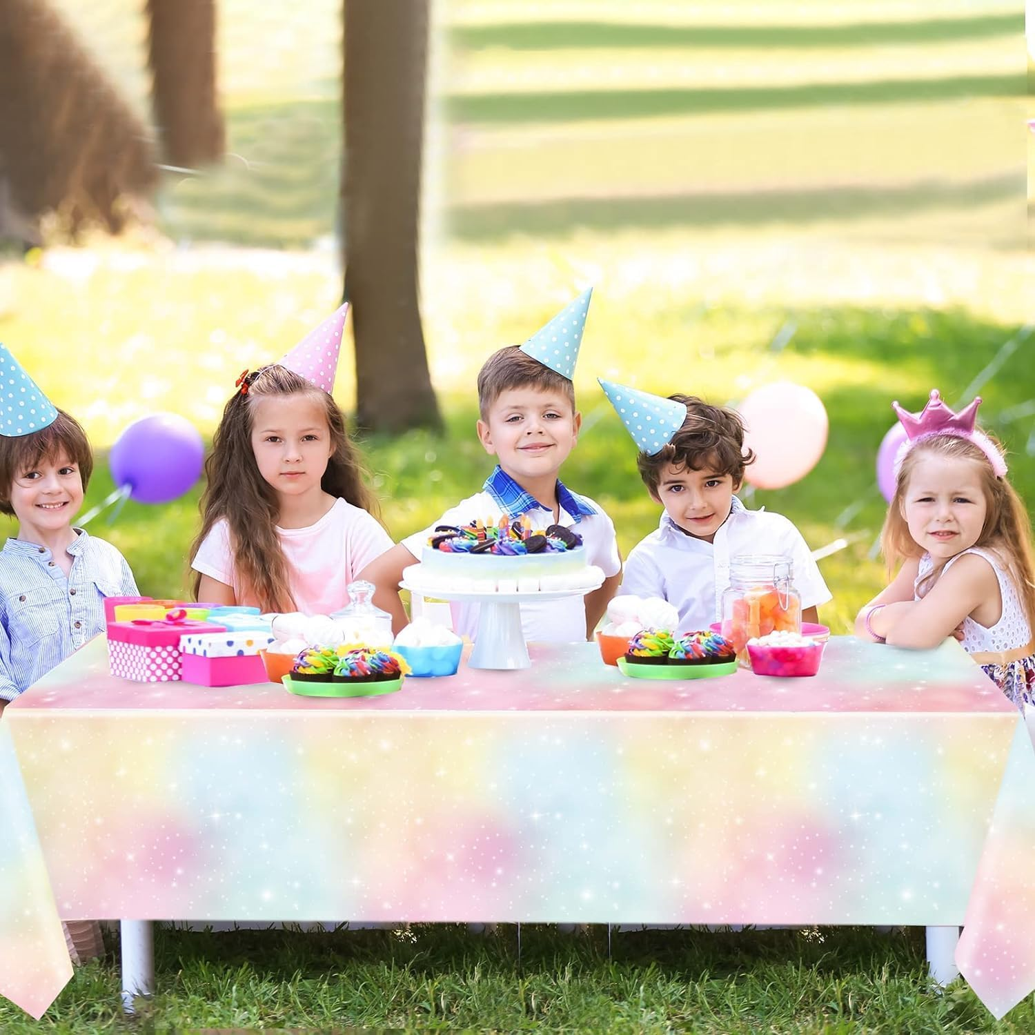 Acemedia 3 Pieces Pastel Rainbow Tablecloths Birthday Party Decoration Rectangle Plastic Disposable Table Cover Waterproof Boho Rainbow Table Cloths Girls Baby Shower Unicorn Party Supplies image number 3