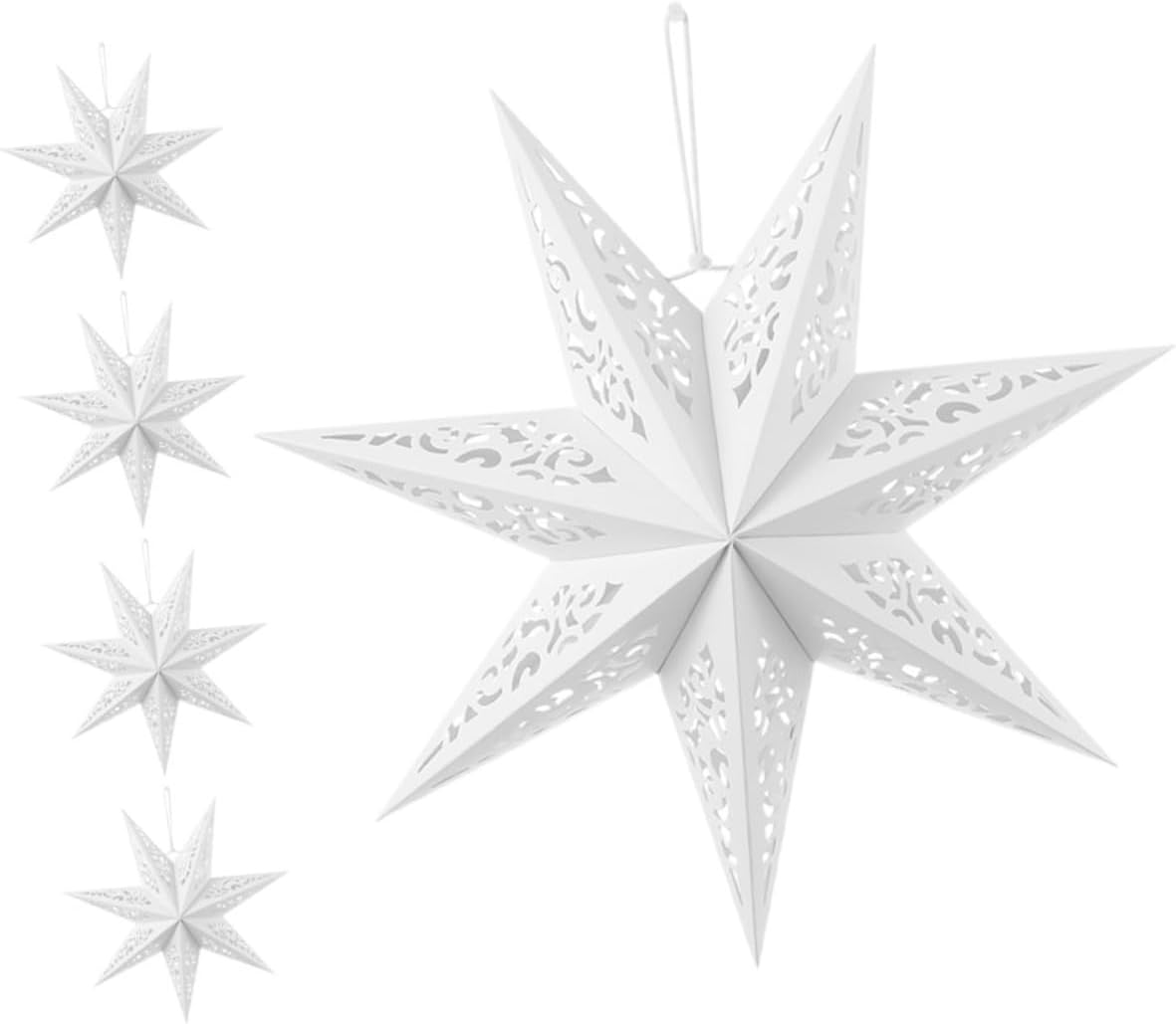 ULTECHNOVO 5Pcs White Paper Star Lanterns Hanging Decorations with String Elegant Pointed Star Lampshades for Christmas Wedding Birthday Party Holiday Indoor Outdoor Use image number 2