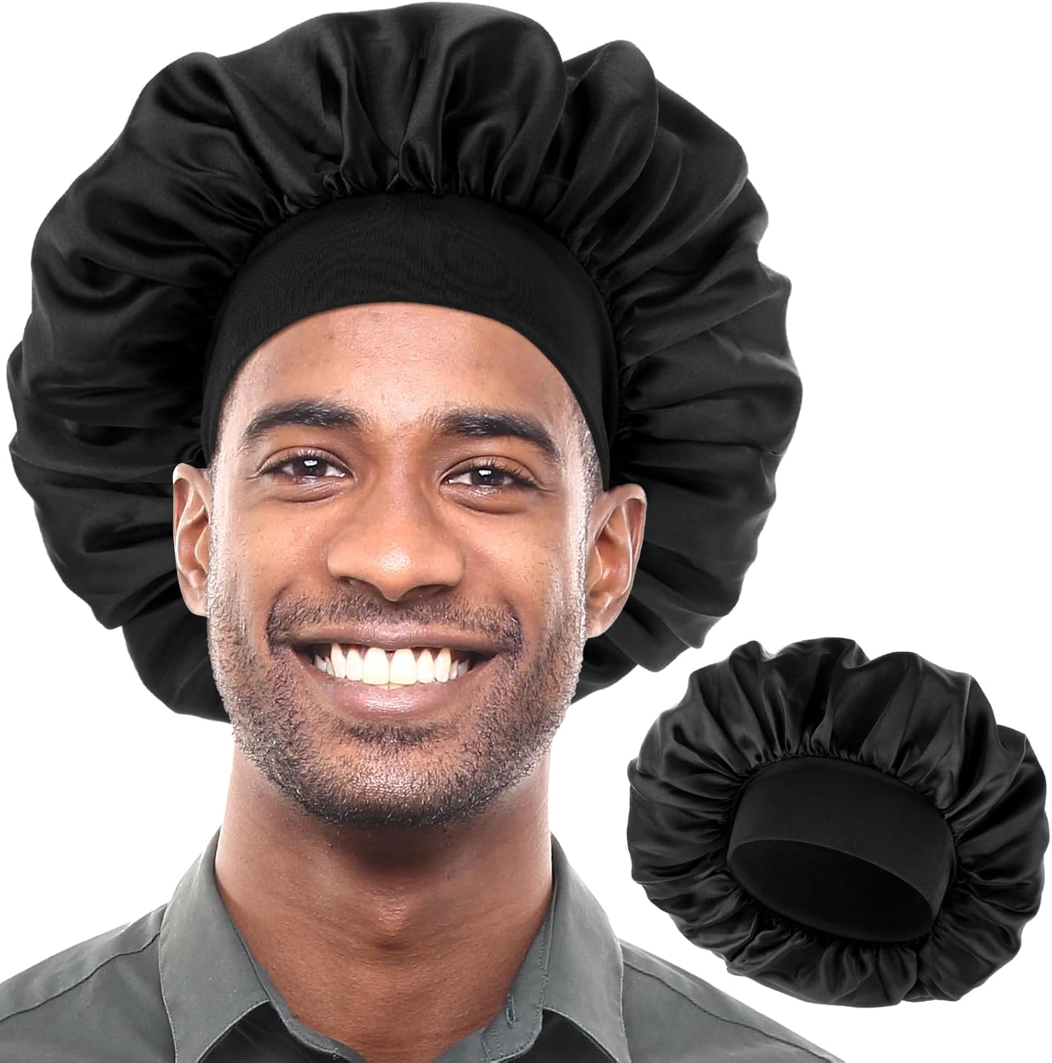 Bonnet for Men, Silk Satin Sleep Cap Single Layer Elastic Band Stretchy Tie Band Wide Soft Adjustable Hair Cap Large Silk Bonnets for Women Curly Hair Sleeping Black, Black, 3