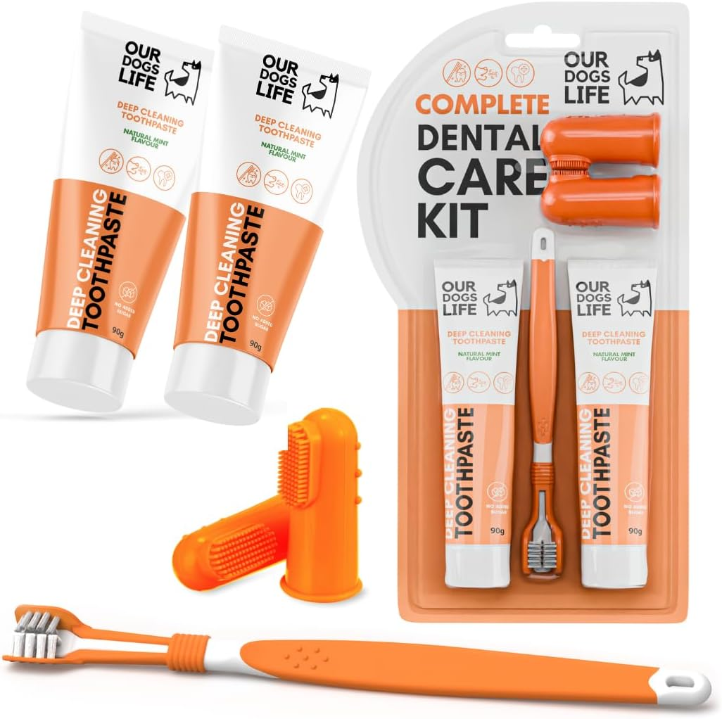 Dog Toothbrush with Toothpaste | Approved Dog Dental Kit | One Triple Headed Deep Cleaning Toothbrush for Dogs + Two 100% Natural Toothpaste + Two Finger Brushes | Freshen Breathe & Remove Plaque image number 2