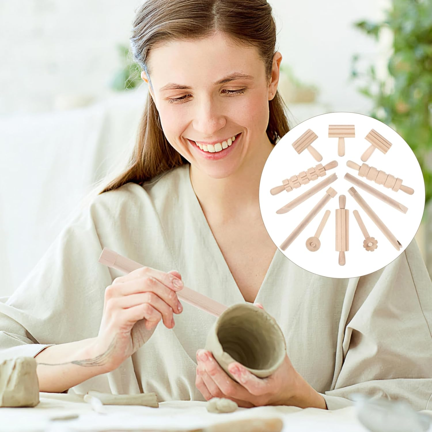 12Pcs Wooden Tools Set - Smooth & Safe Clay Shaping Tools for Kids DIY Craft, Compatible with Plasticine, Air-Dry Clay, Polymer image number 5