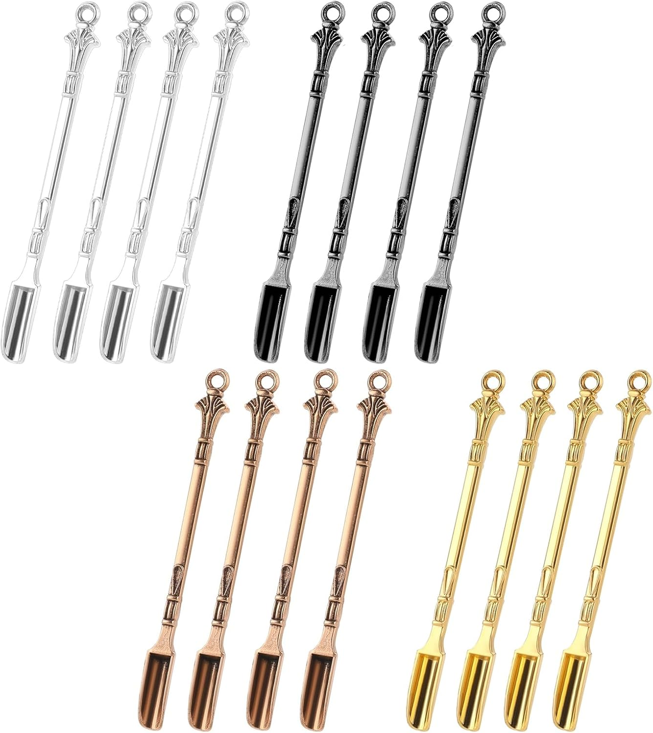 16 Pcs Mini Shovel Snuff Spoon Spatula, 4 Color Metal Scoop Shovel Medicine Spoon, Pendants Necklace Decoration, Coke Spoon Medicine Spoon for Filling Vials with Medicine Salts Herbs Wax Oil Sand (16)
