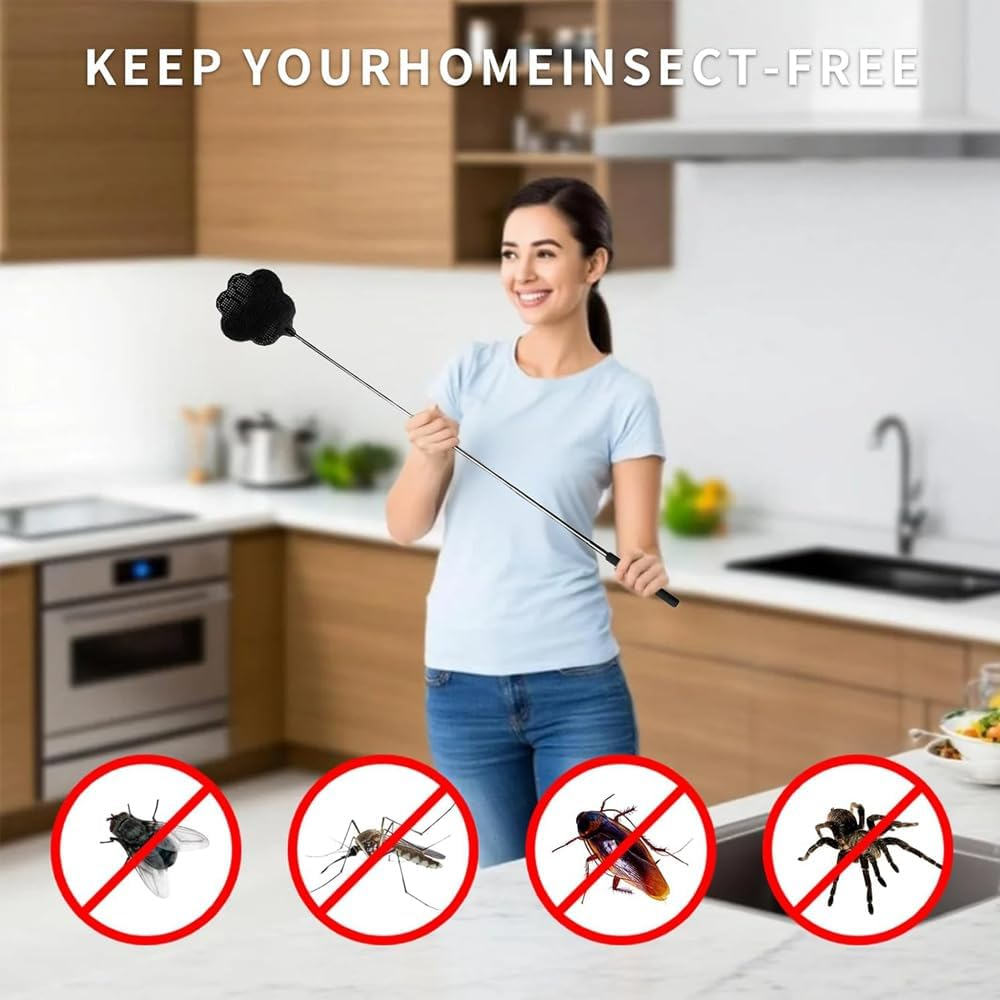 Telescopic Fly Swatter,Durable Stainless Steel Handle,Heavy Duty Black Bug Zapper Racket, Upgraded Plastic Fly Swatter Set for Indoor Outdoor Home Hiking Camping Garden (1)
