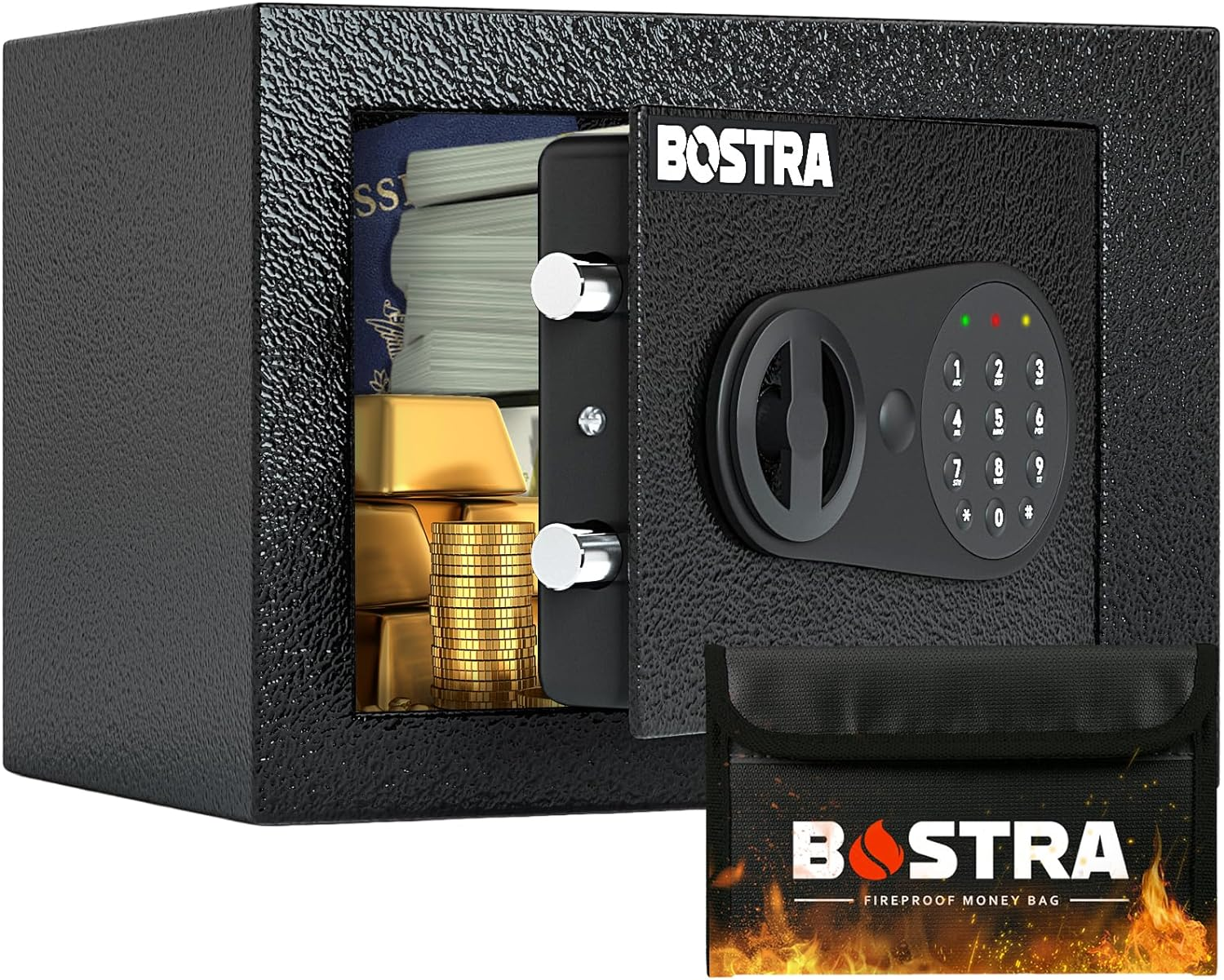 Bostra Fireproof Safe Box with Sensor Light & Fireproof Bag, Money Safe Box with Digital Keypad,Security Safe Box for Home, 0.23 Cubic Small Safe with Keys & Pass Code for Cash Jewelry Black