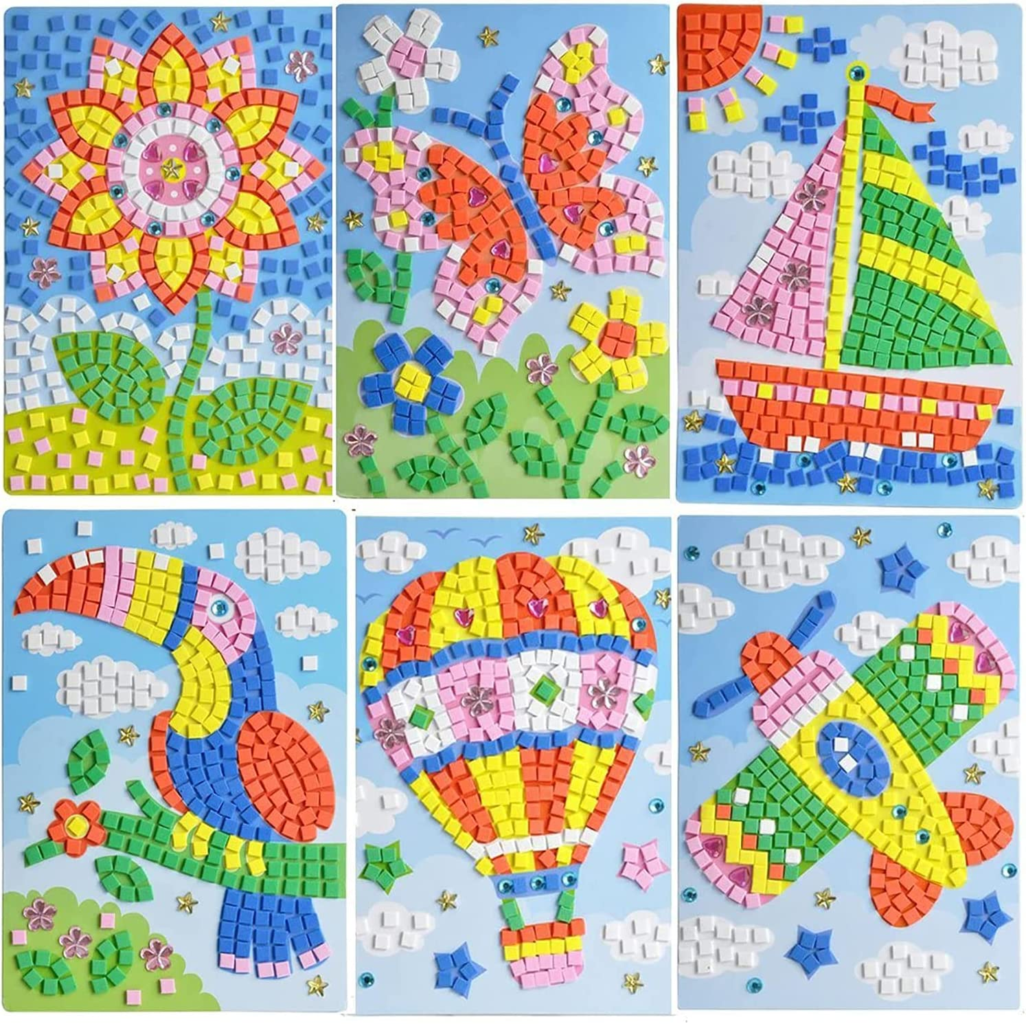LZHZH Mosaic Sticker Art Sticky DIY Handmade Art Kits for Kids - Sunflower, Butterfly, Sailboat, Woodpecker, Hot Air Balloon, Airplane (6 Pack) (Handmade Art Kits for Kids) image number 3