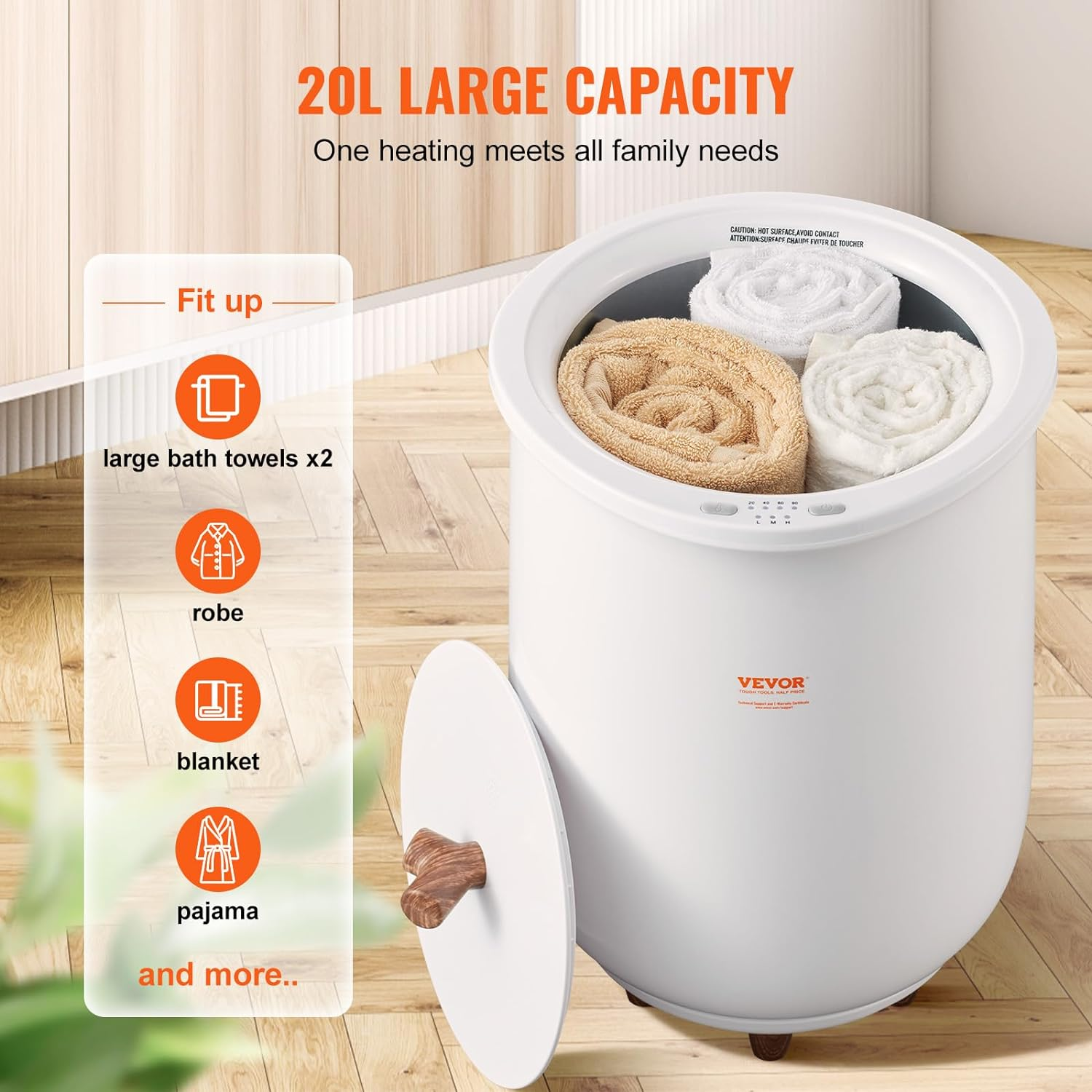VEVOR Towel Warmer Bucket, 20L Large Towel Warmer for Bathroom, Auto Shut off Towel Heater with 4-Level Timer Fits up to Two 40"X70" Oversized Towels, Bathrobes, Blankets, ETL & FCC Certified image number 2
