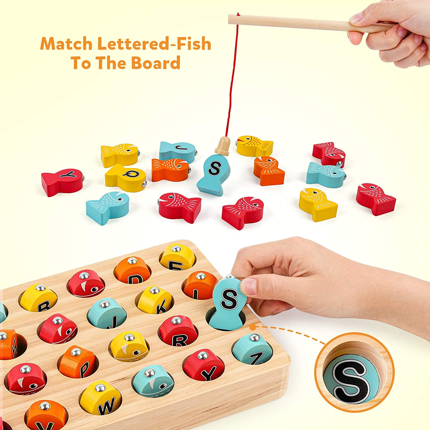 Coogam Wooden Magnetic Fishing Game, Fine Motor Skill Toy ABC Alphabet Color Sorting Puzzle, Montessori Letters Cognition Preschool 2 3 4 Years Old Toddler Kid Early Learning with 2 Pole image number 4