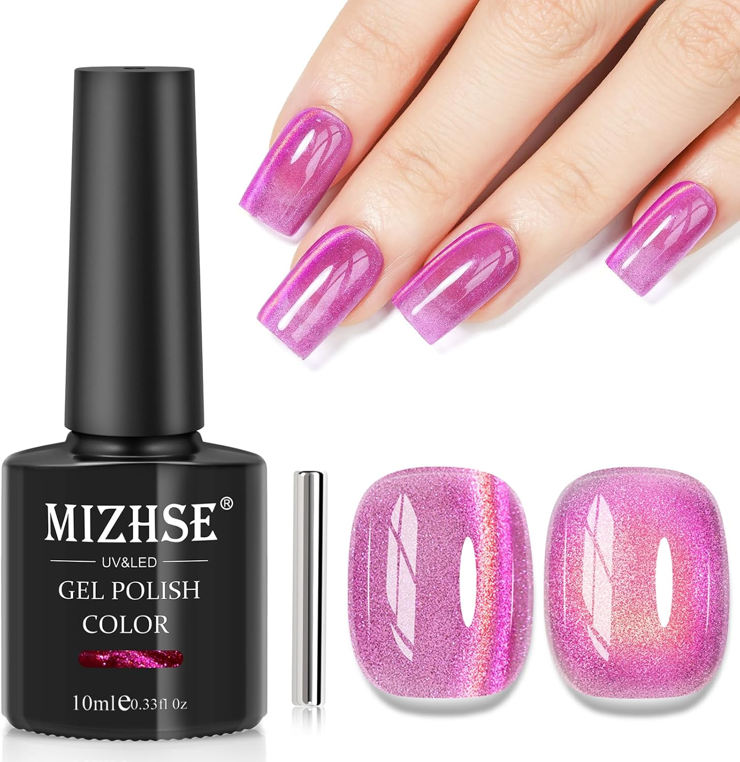 MIZHSE Universal Silver Cat Eye Gel Nail Polish, Magnetic Gel Polish Shiny Glitter Nail Gel with Magnet Stick, 10 Ml Galaxy Cateye Nail Polish Soak off UV/LED Nail Art Salon Manicure DIY at Home