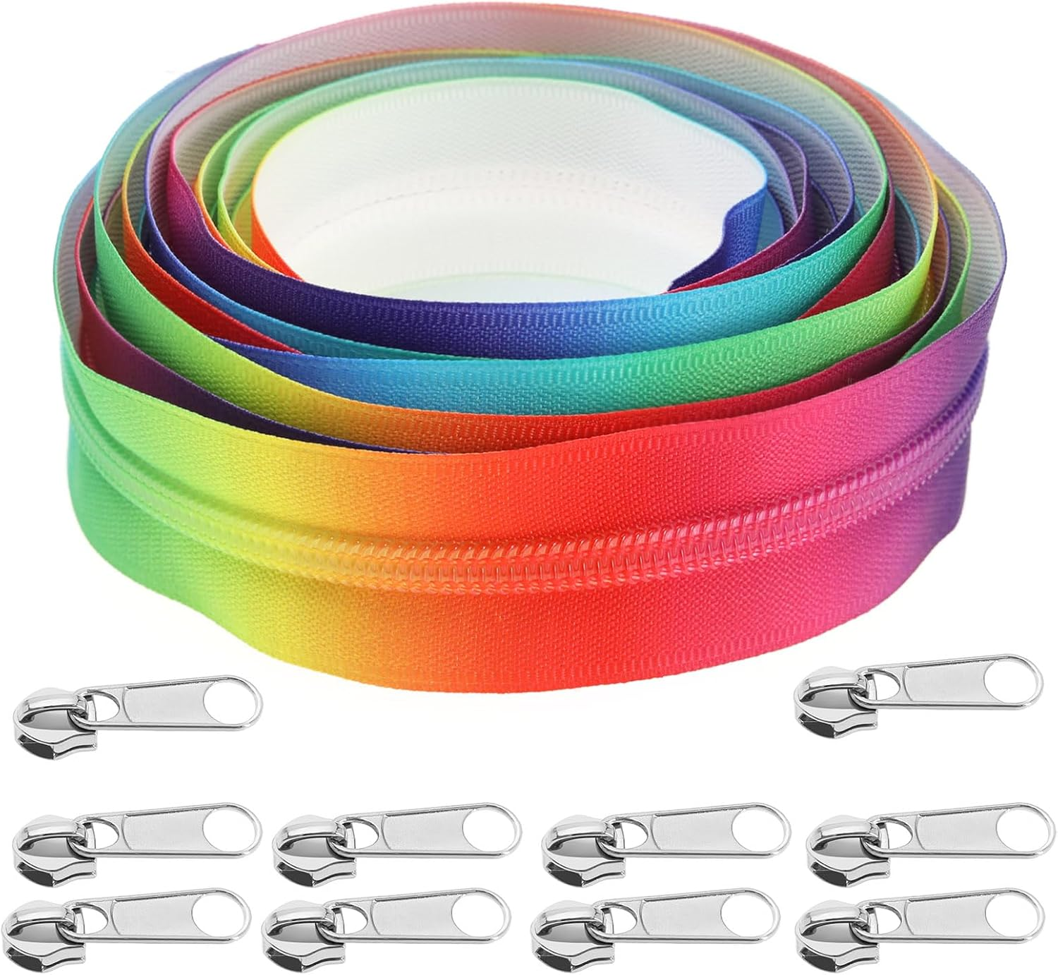 Emagtech #5 Rainbow Zipper Tape 4 Meters Nylon Coil Endless Zippers with 10PCS Silver Zipper Pulls Slider for DIY Sewing Tailor Craft Bags Luggage image number 1
