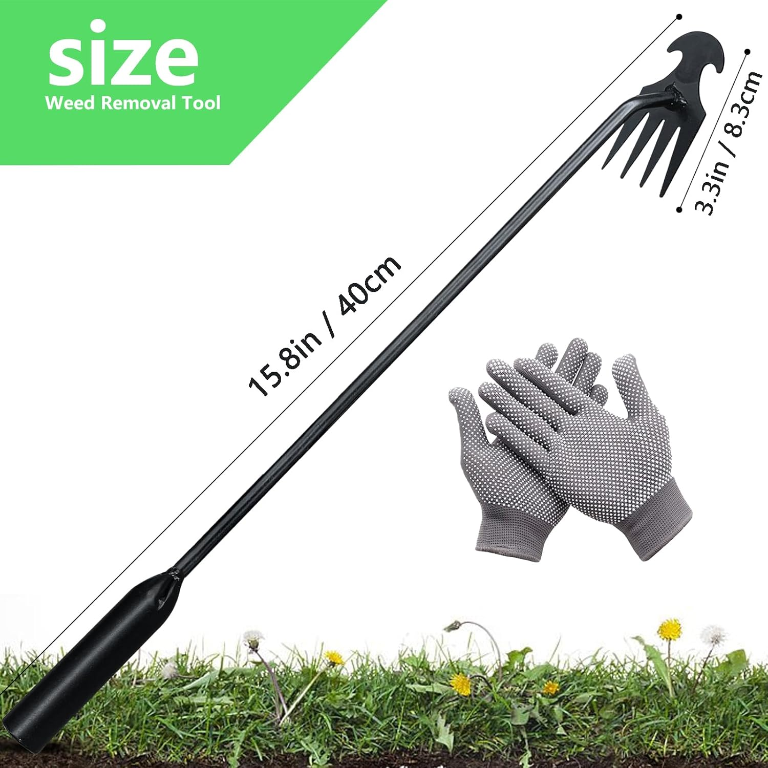 Weed Puller Tool, 2 Pcs 4 Teeth Durable Garden Weed Pulling Tool, Portable Garden Weeder Tool with Gloves for Vegetable Gardening, Backyard Farm Weeding Tool (15.74 Inch / 40 Cm) image number 4