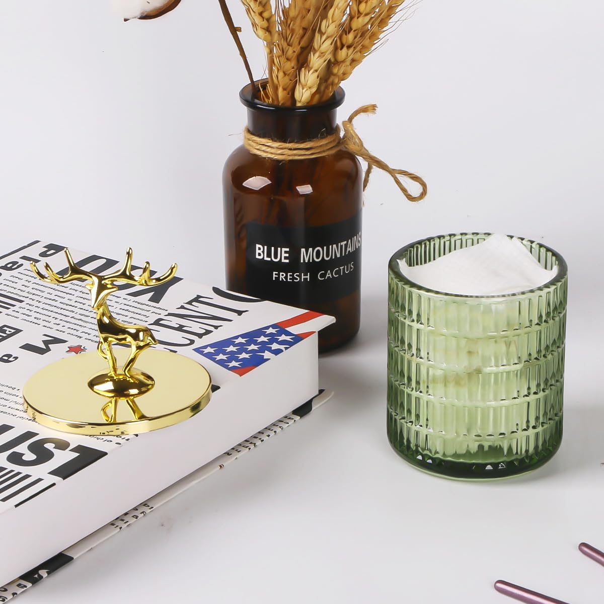 Tonxus Glass Apothecary Jars with Lid, Green Qtip Holder for Bathroom Decor, Bathroom Canisters Storage Organizer for Cotton Swabs, Balls, Pads, Floss Picks, Candy, Jewelry